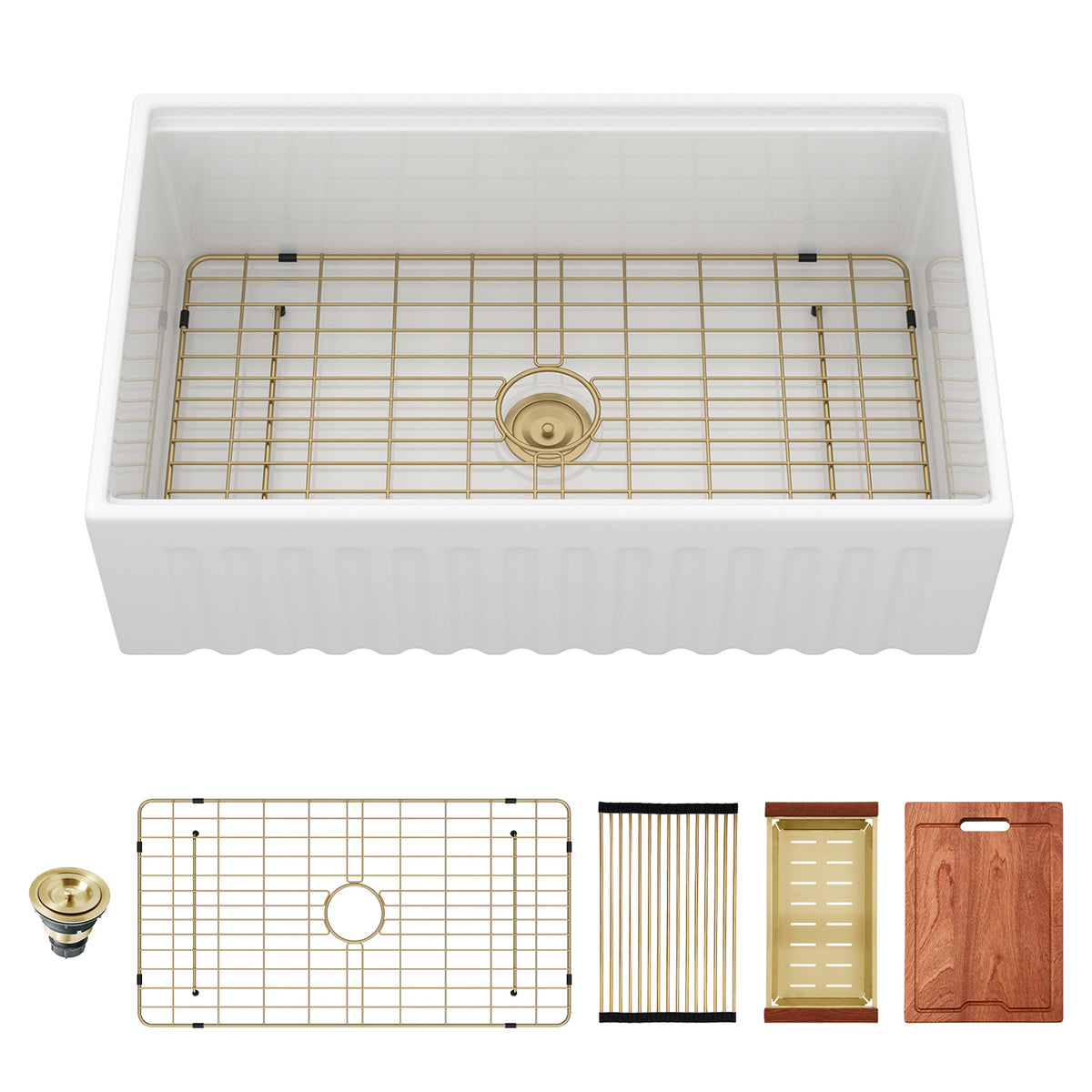 33 in. x 20 in. White Porcelain Ceramic Reversible Workstation Farmhouse Kitchen Sink, 10 in. Deep Single Bowl Apron Front Sink with Cutting Board & Accessories