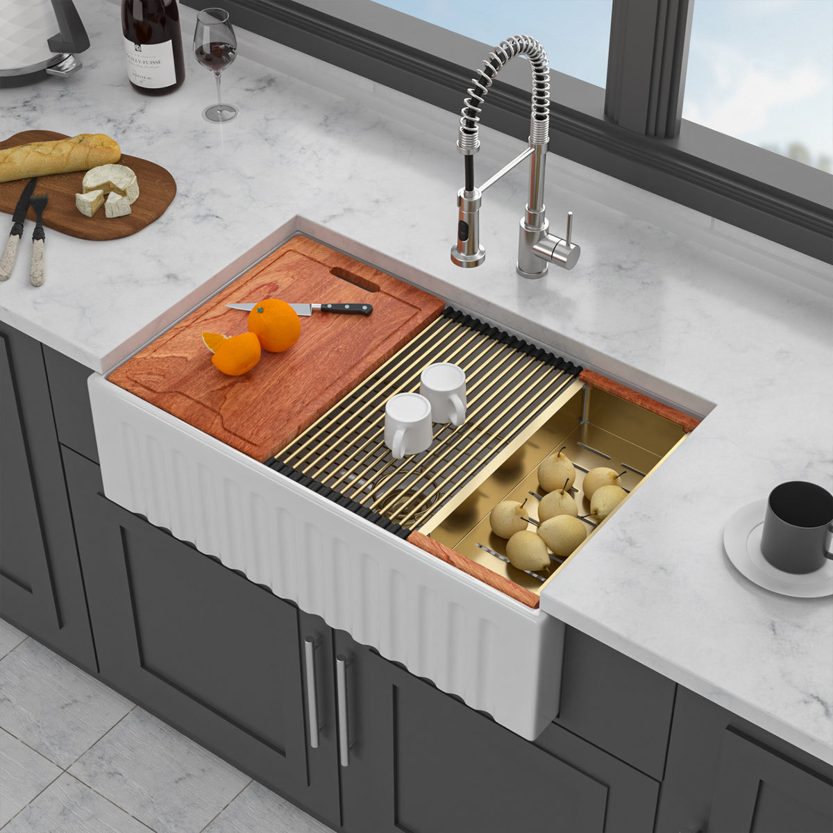 33 in. x 20 in. White Porcelain Ceramic Reversible Workstation Farmhouse Kitchen Sink, 10 in. Deep Single Bowl Apron Front Sink with Cutting Board & Accessories