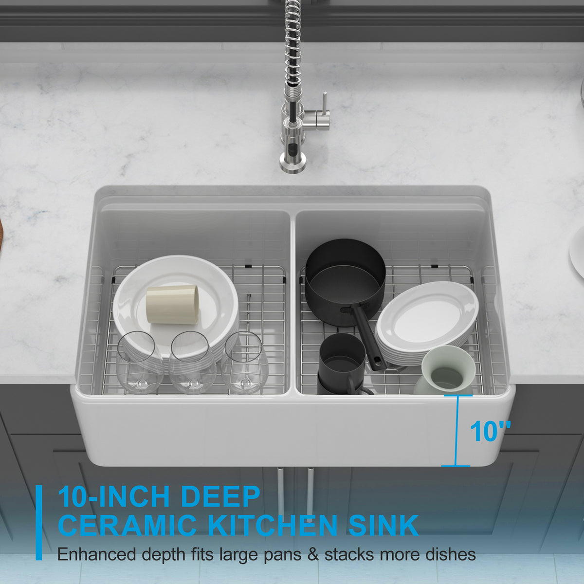 33 in. x 20 in. White Porcelain Ceramic Workstation Farmhouse Kitchen Sink, 10 in. Deep Double Bowl 50/50 Apron Front Sink with Cutting Board & Accessories