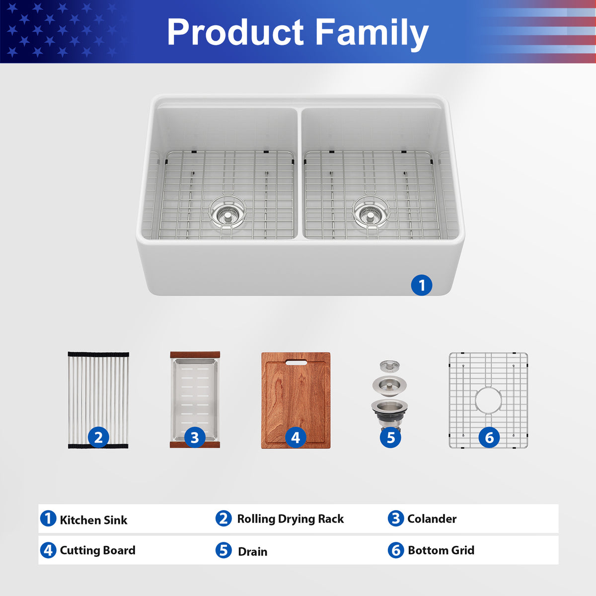 33 in. x 20 in. White Porcelain Ceramic Workstation Farmhouse Kitchen Sink, 10 in. Deep Double Bowl 50/50 Apron Front Sink with Cutting Board & Accessories