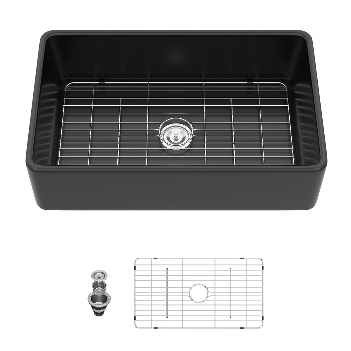 33 in. x 20 in. Matte Black Porcelain Ceramic Farmhouse Kitchen Sink, 10 in. Deep Single Bowl Apron Front Sink with 304 Stainless Steel Grid