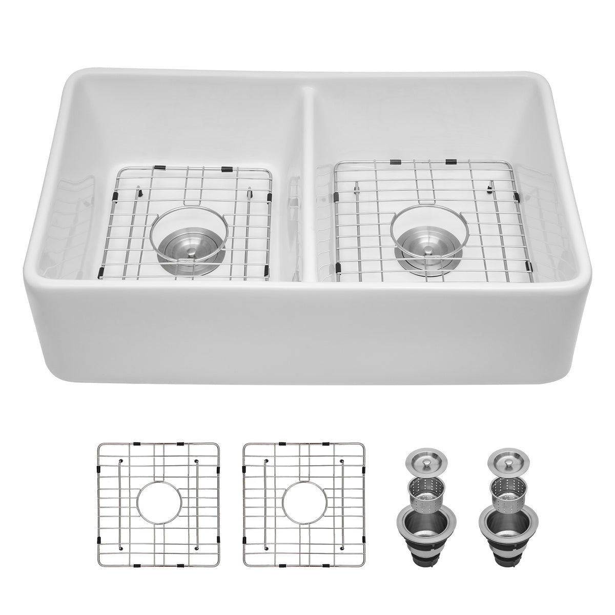 32 in. x 20 in. White Ceramic Porcelain Farmhouse Kitchen Sink, 9 in. Deep Double Bowl Apron Front Sink with 304 Stainless Steel Grids