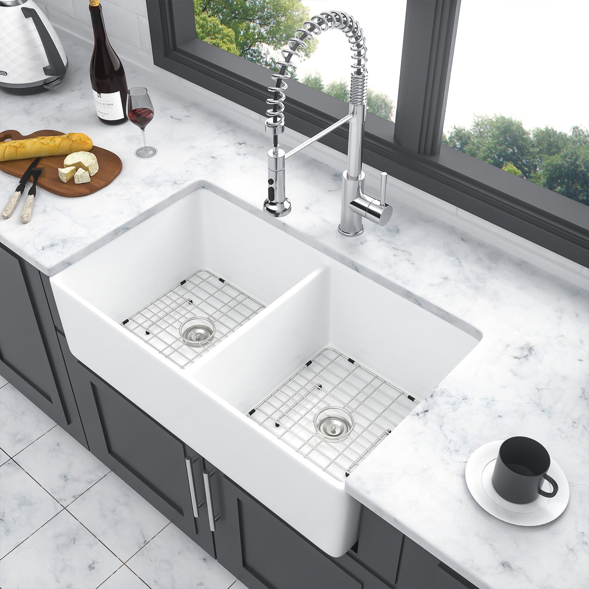 32 in. x 20 in. White Ceramic Porcelain Farmhouse Kitchen Sink, 9 in. Deep Double Bowl Apron Front Sink with 304 Stainless Steel Grids