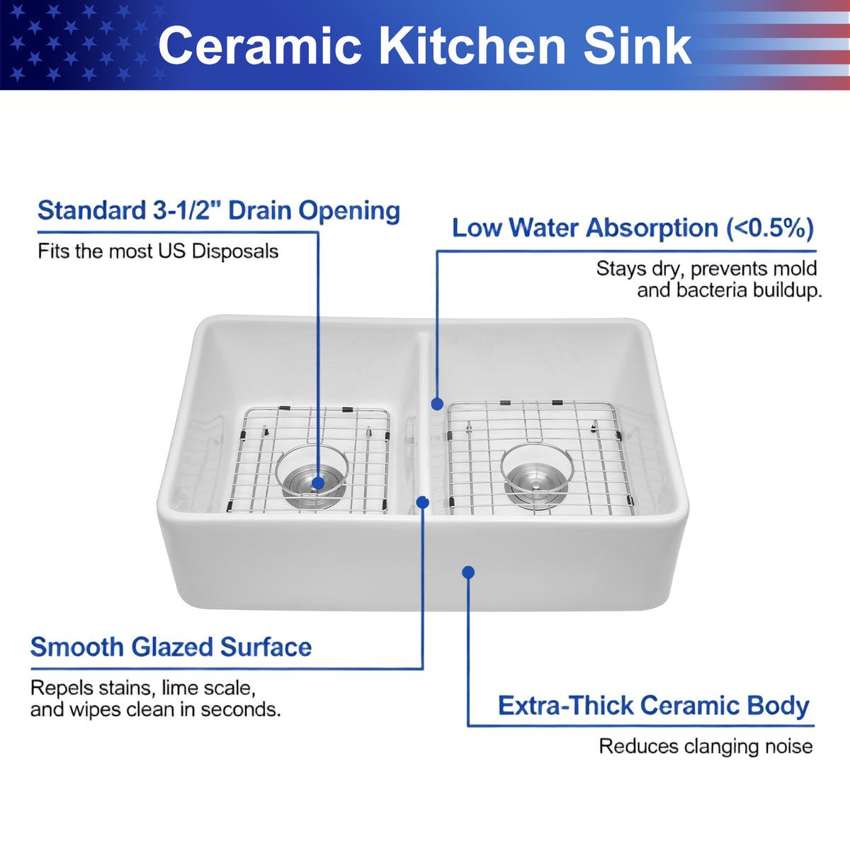 32 in. x 20 in. White Ceramic Porcelain Farmhouse Kitchen Sink, 9 in. Deep Double Bowl Apron Front Sink with 304 Stainless Steel Grids