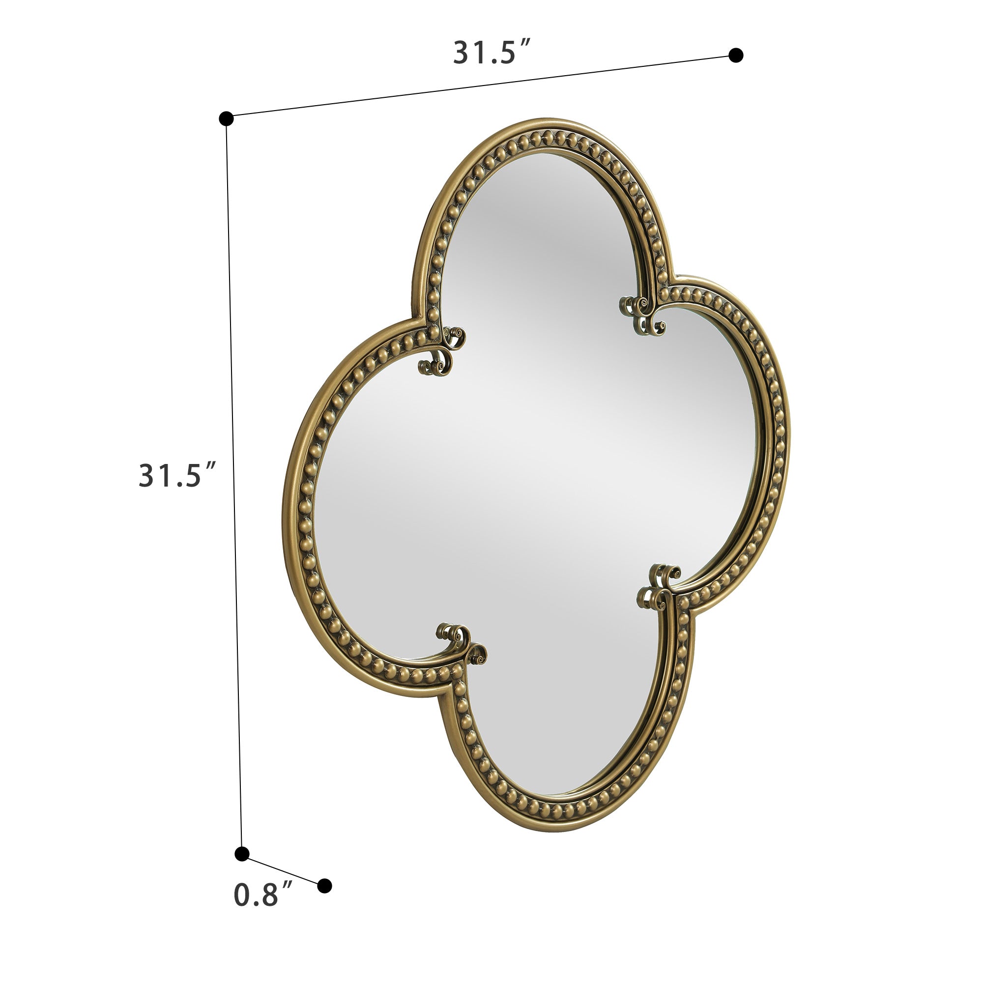 31.5 in. Antique Gold Quatrefoil Wall Mirror, Ornate Irregular Accent Mirror with Beaded Metal Frame for Bathroom, Living Room & Entryway