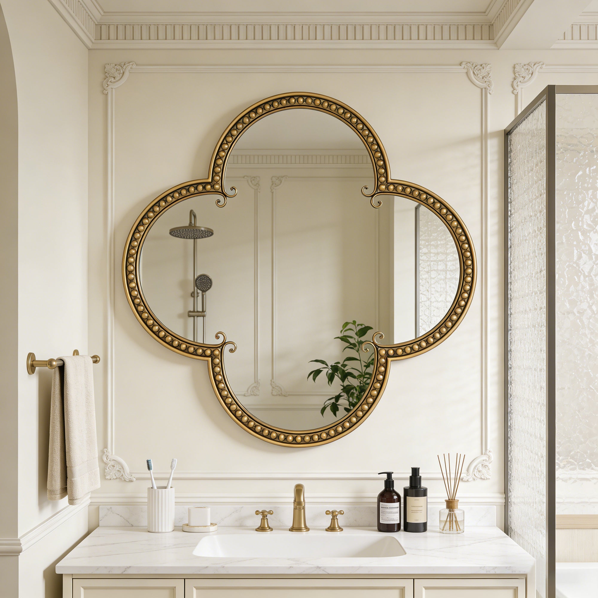 31.5 in. Antique Gold Quatrefoil Wall Mirror, Ornate Irregular Accent Mirror with Beaded Metal Frame for Bathroom, Living Room & Entryway