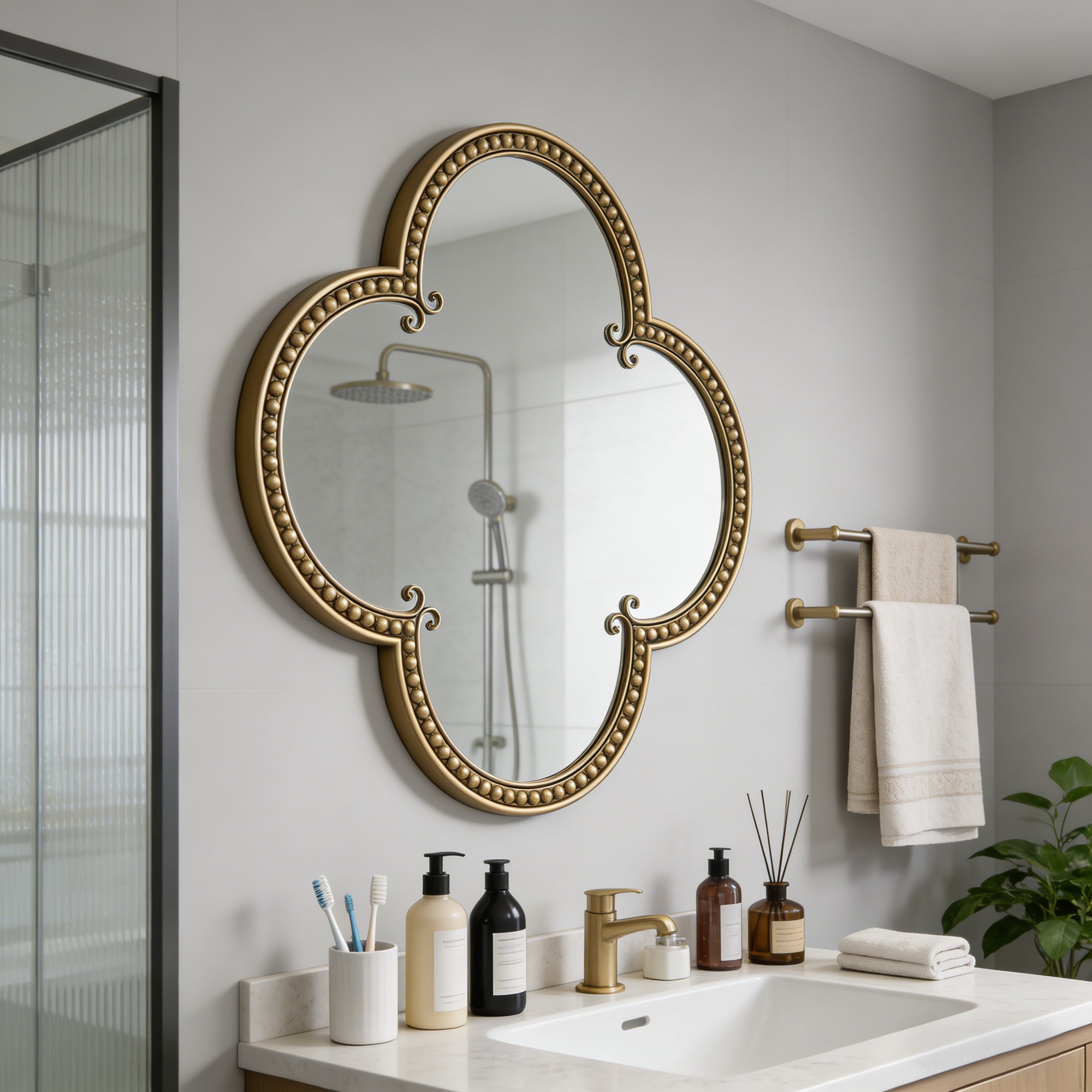 31.5 in. Antique Gold Quatrefoil Wall Mirror, Ornate Irregular Accent Mirror with Beaded Metal Frame for Bathroom, Living Room & Entryway