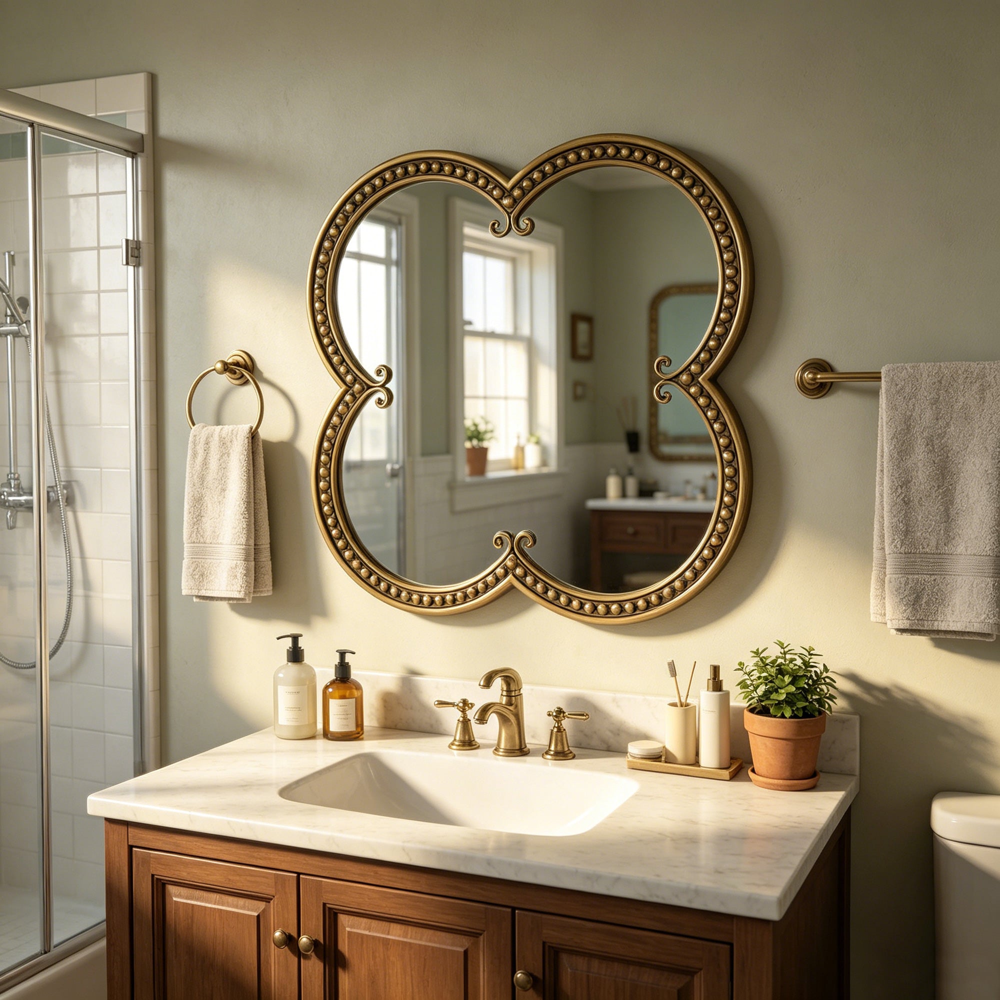 31.5 in. Antique Gold Quatrefoil Wall Mirror, Ornate Irregular Accent Mirror with Beaded Metal Frame for Bathroom, Living Room & Entryway