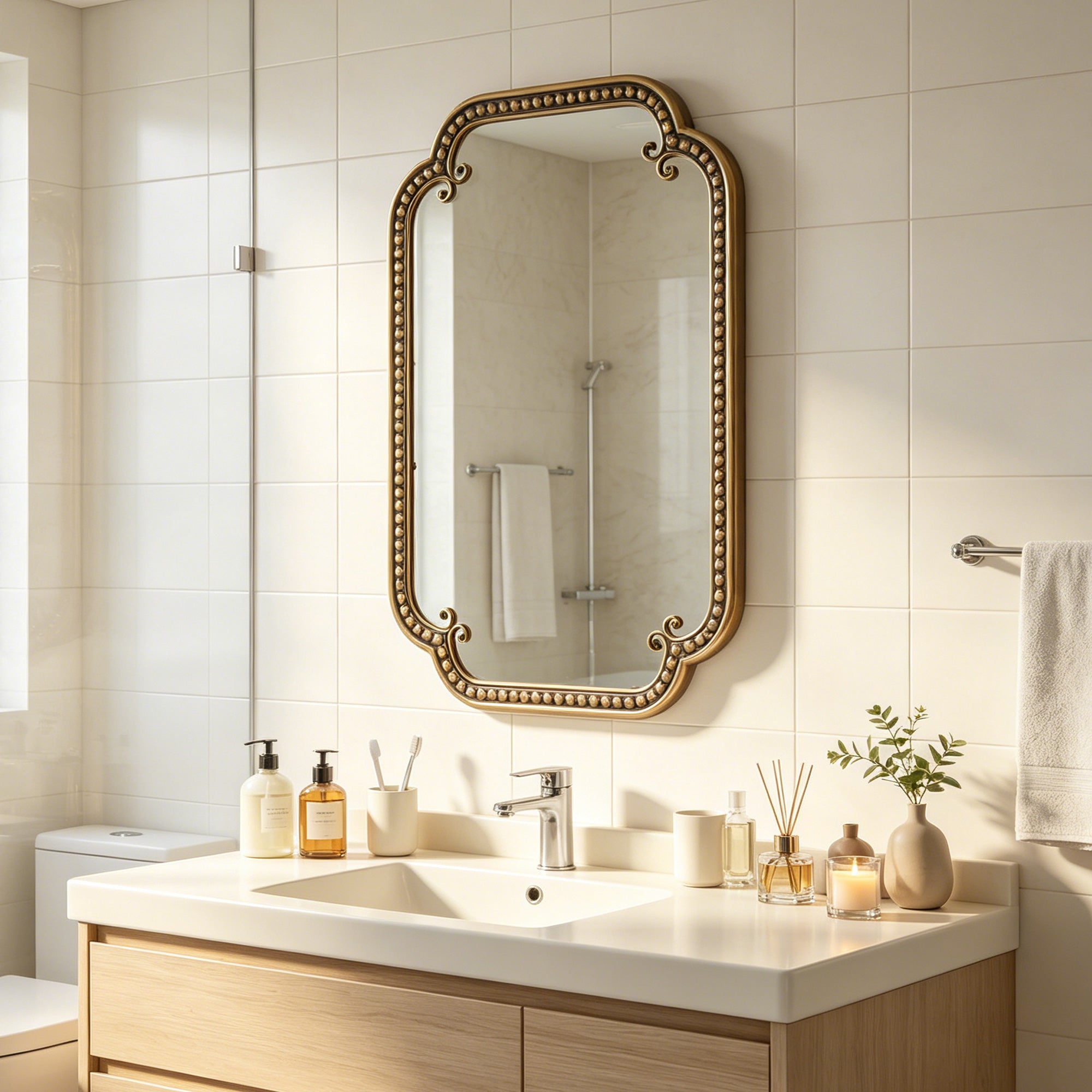 24 in. x 36 in. Gold Irregular Beaded Metal Framed Wall Mirror, Rounded Rectangle Decorative Vanity Mirror for Bathroom, Living Room & Entryway