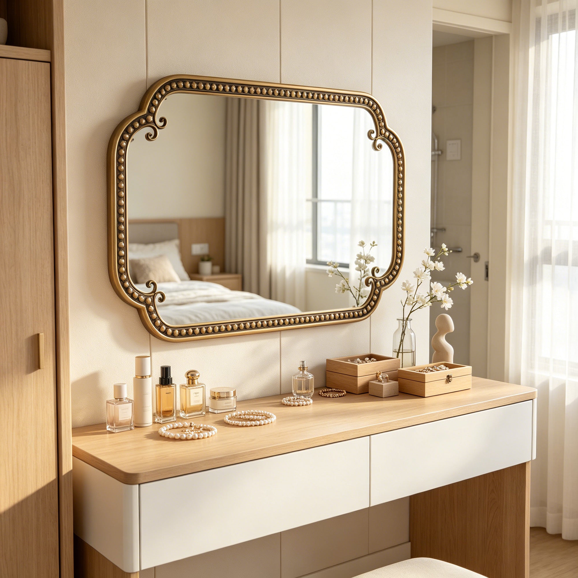 24 in. x 36 in. Gold Irregular Beaded Metal Framed Wall Mirror, Rounded Rectangle Decorative Vanity Mirror for Bathroom, Living Room & Entryway