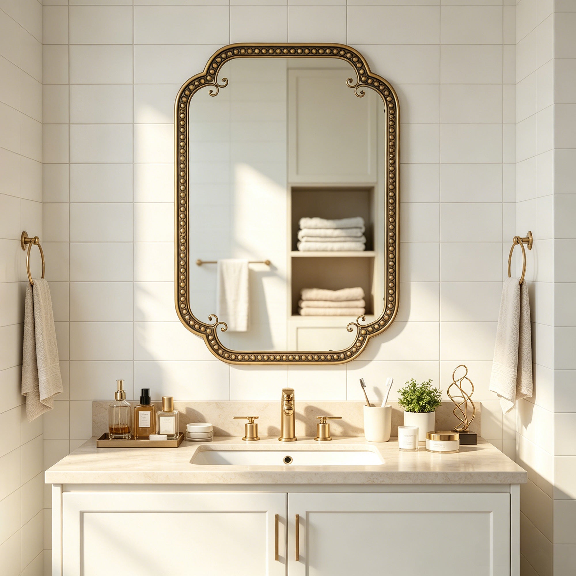 24 in. x 36 in. Gold Irregular Beaded Metal Framed Wall Mirror, Rounded Rectangle Decorative Vanity Mirror for Bathroom, Living Room & Entryway