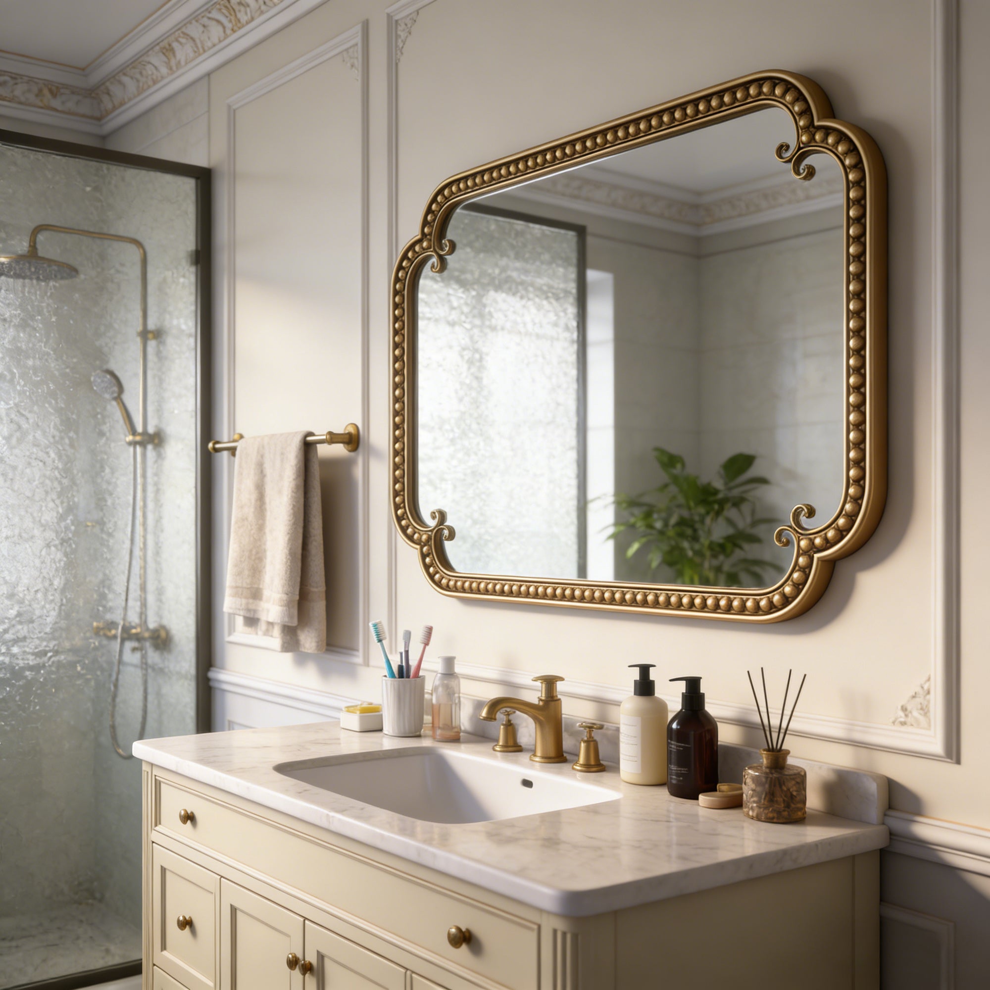24 in. x 36 in. Gold Irregular Beaded Metal Framed Wall Mirror, Rounded Rectangle Decorative Vanity Mirror for Bathroom, Living Room & Entryway