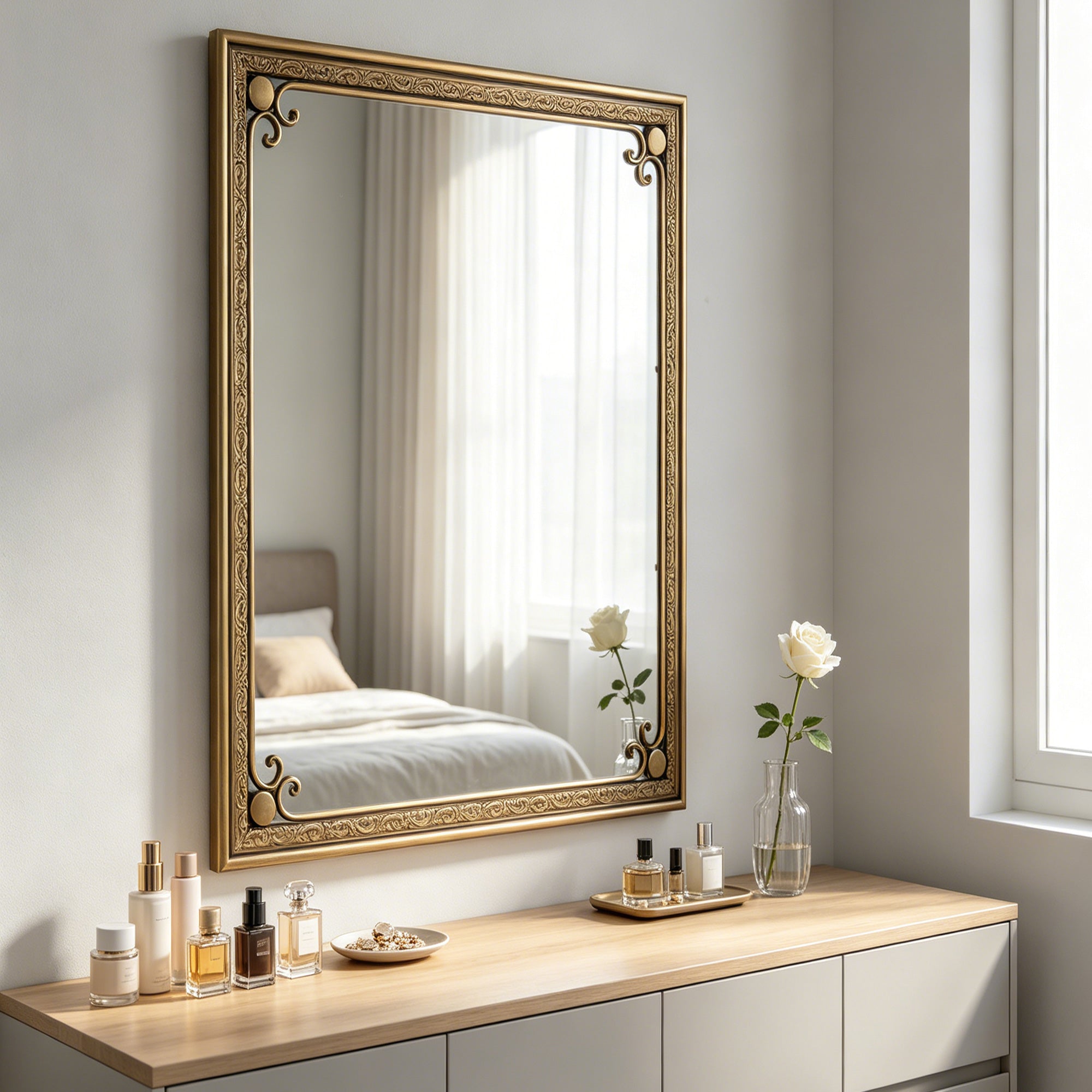 24 in. x 36 in. Gold Rectangle Bathroom Vanity Mirror, Modern Rounded Corner Iron Framed Wall Mirror for Over Sink, Horizontal or Vertical