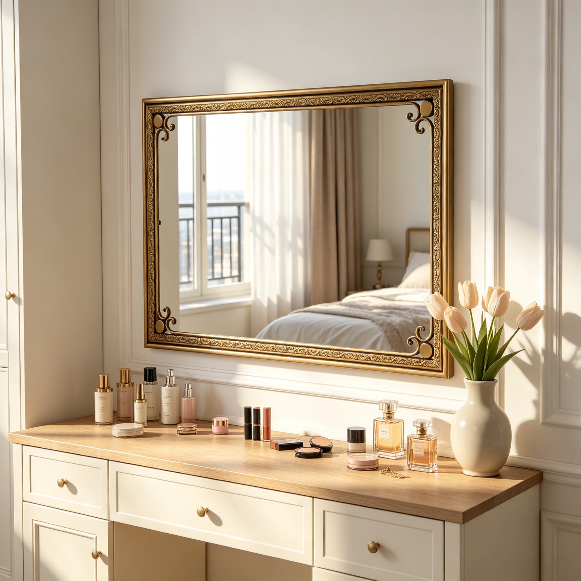 24 in. x 36 in. Gold Rectangle Bathroom Vanity Mirror, Modern Rounded Corner Iron Framed Wall Mirror for Over Sink, Horizontal or Vertical