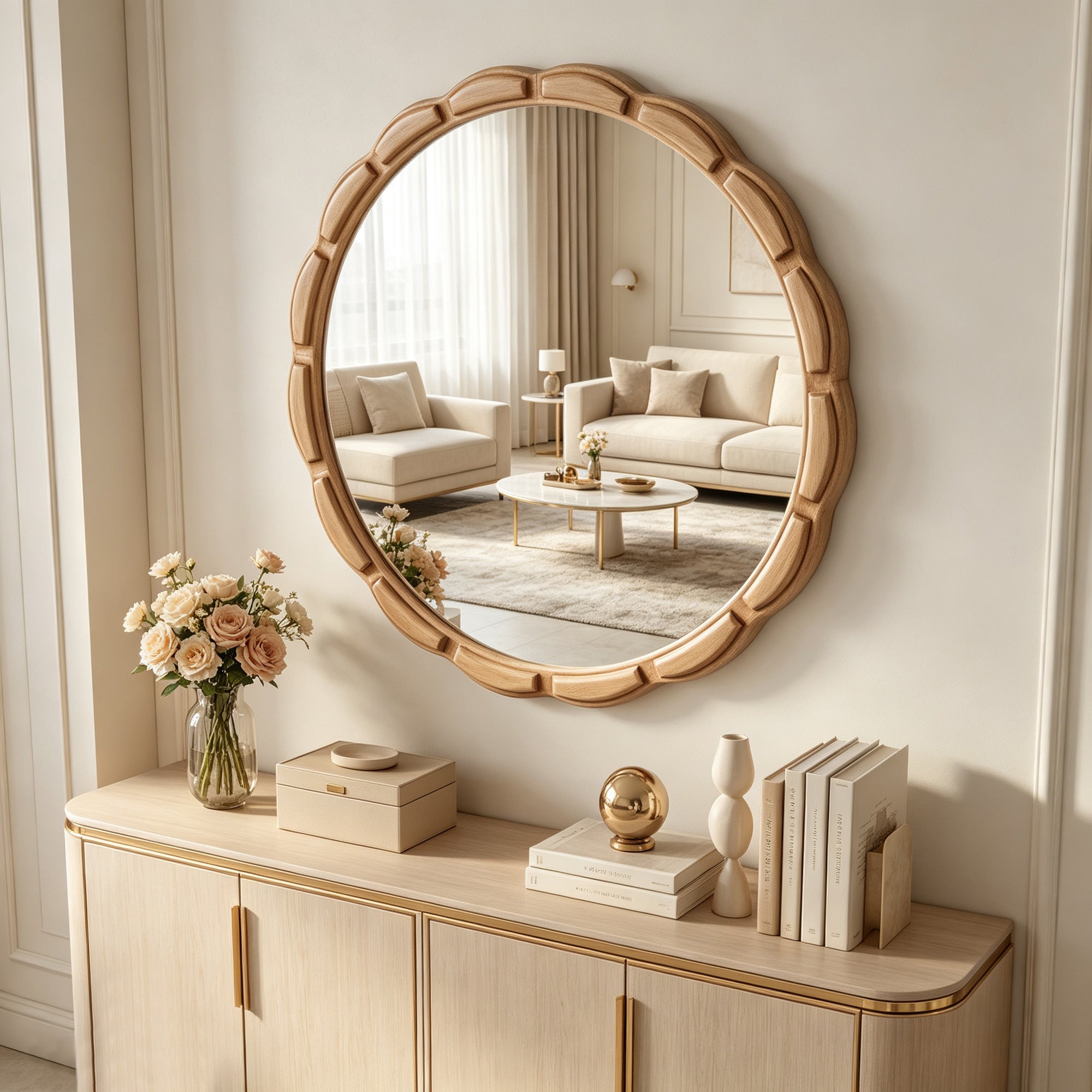 31.5 in. Solid Wood Round Wall Mirror, Rustic Farmhouse Carved Wooden Bathroom Mirror for Living Room & Entryway