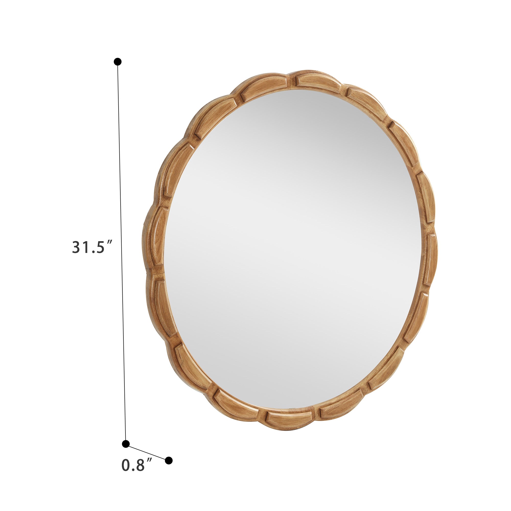 31.5 in. Solid Wood Round Wall Mirror, Rustic Farmhouse Carved Wooden Bathroom Mirror for Living Room & Entryway