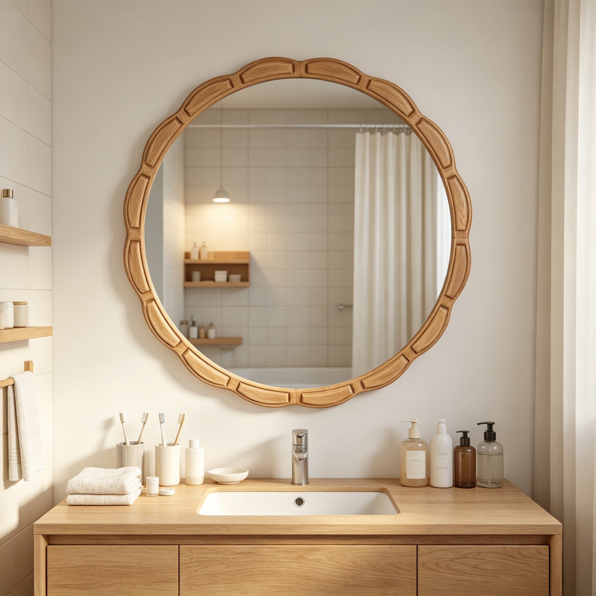 31.5 in. Solid Wood Round Wall Mirror, Rustic Farmhouse Carved Wooden Bathroom Mirror for Living Room & Entryway