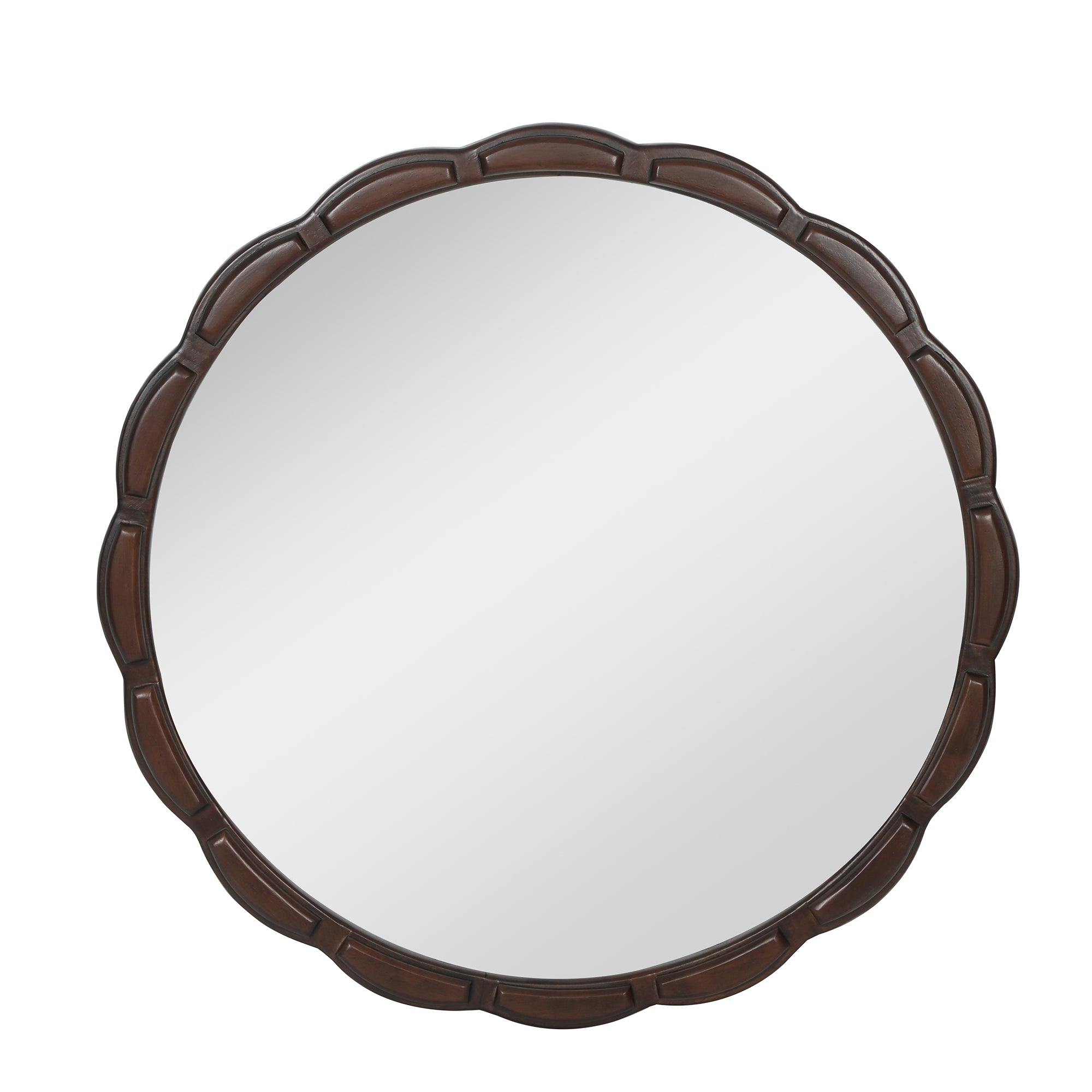 31.5 in. Solid Wood Round Wall Mirror, Rustic Farmhouse Carved Wooden Bathroom Mirror for Living Room & Entryway