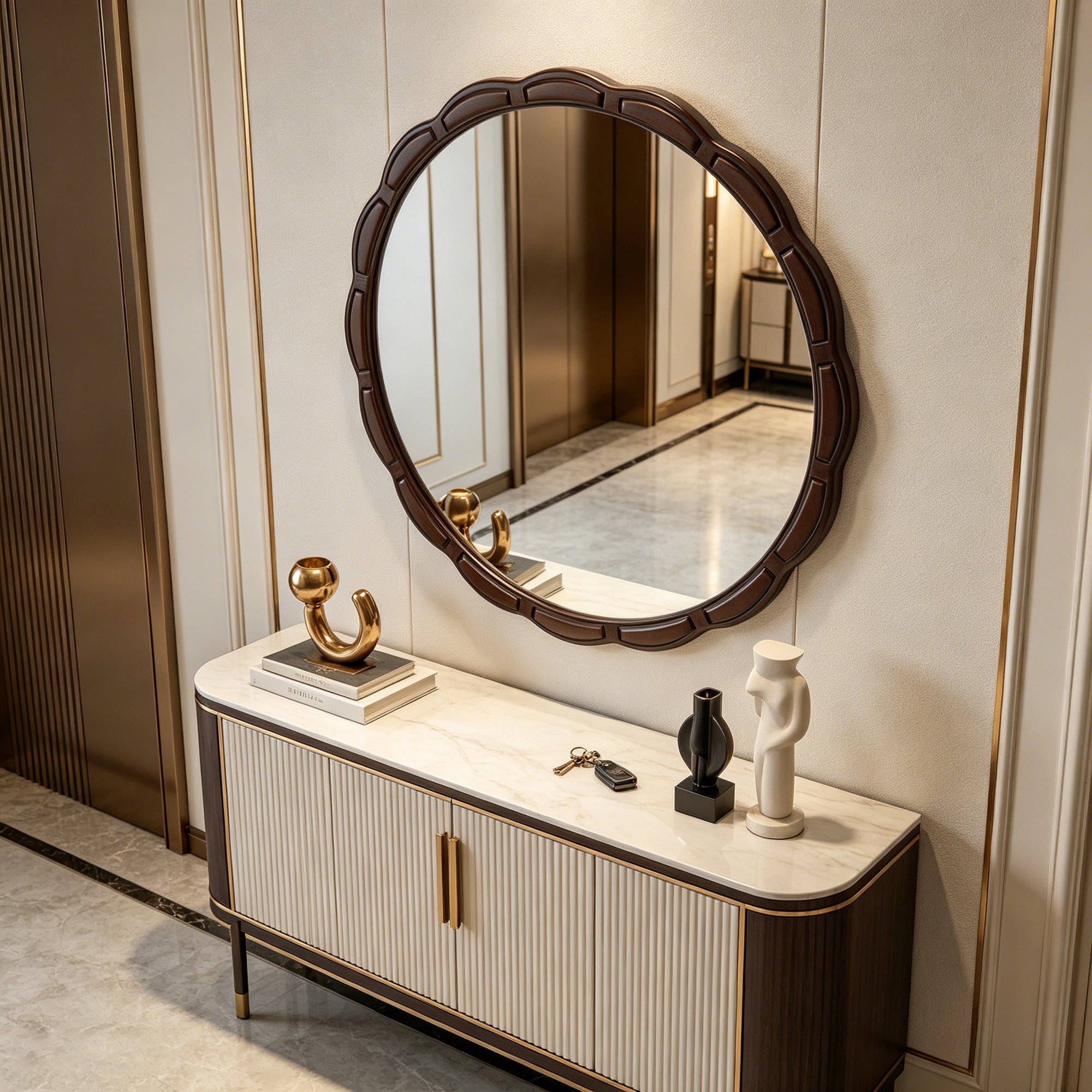 31.5 in. Solid Wood Round Wall Mirror, Rustic Farmhouse Carved Wooden Bathroom Mirror for Living Room & Entryway