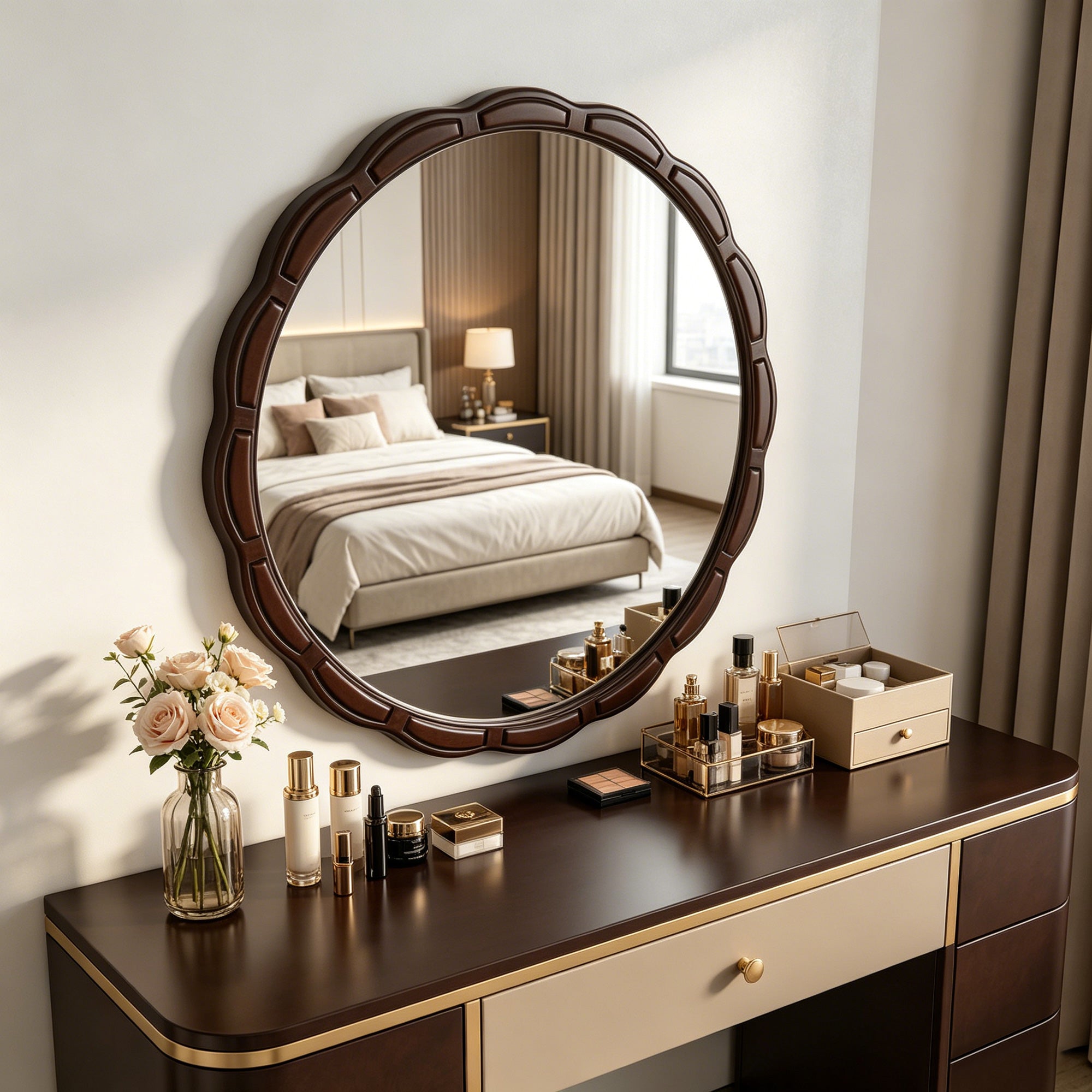 31.5 in. Solid Wood Round Wall Mirror, Rustic Farmhouse Carved Wooden Bathroom Mirror for Living Room & Entryway