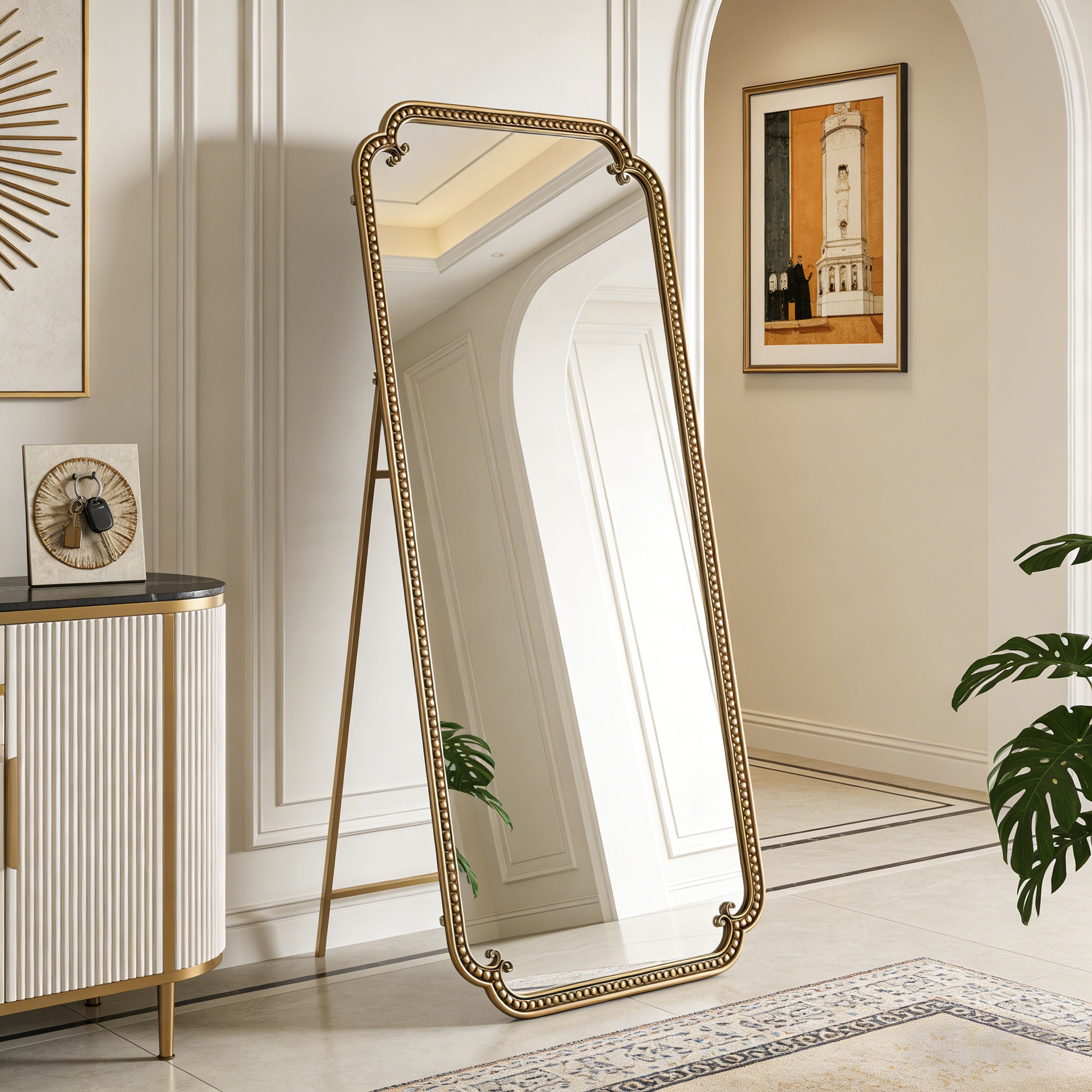 70.1 in. x 31.9 in. Antique Gold Full Length Floor Mirror with Stand, Large Arched Metal Framed Dressing Mirror for Standing, Wall Mount or Leaning