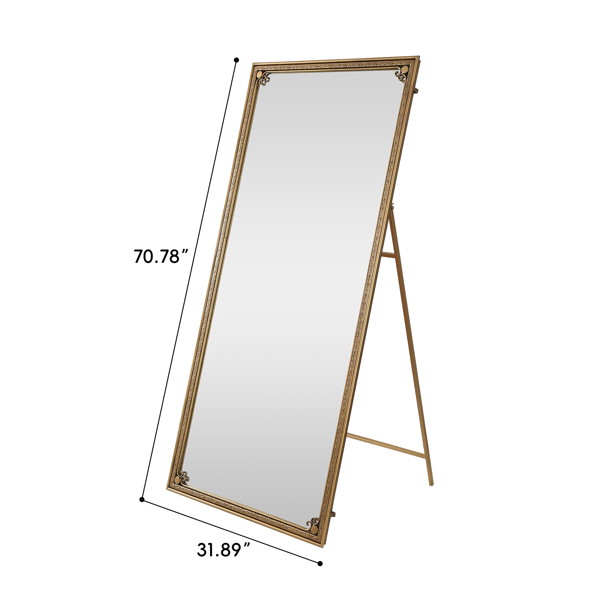 70.1 in. x 31.9 in. Antique Gold Full Length Floor Mirror with Stand, Arched Beaded Metal Frame Dressing Mirror for Freestanding, Wall Mount & Leaning