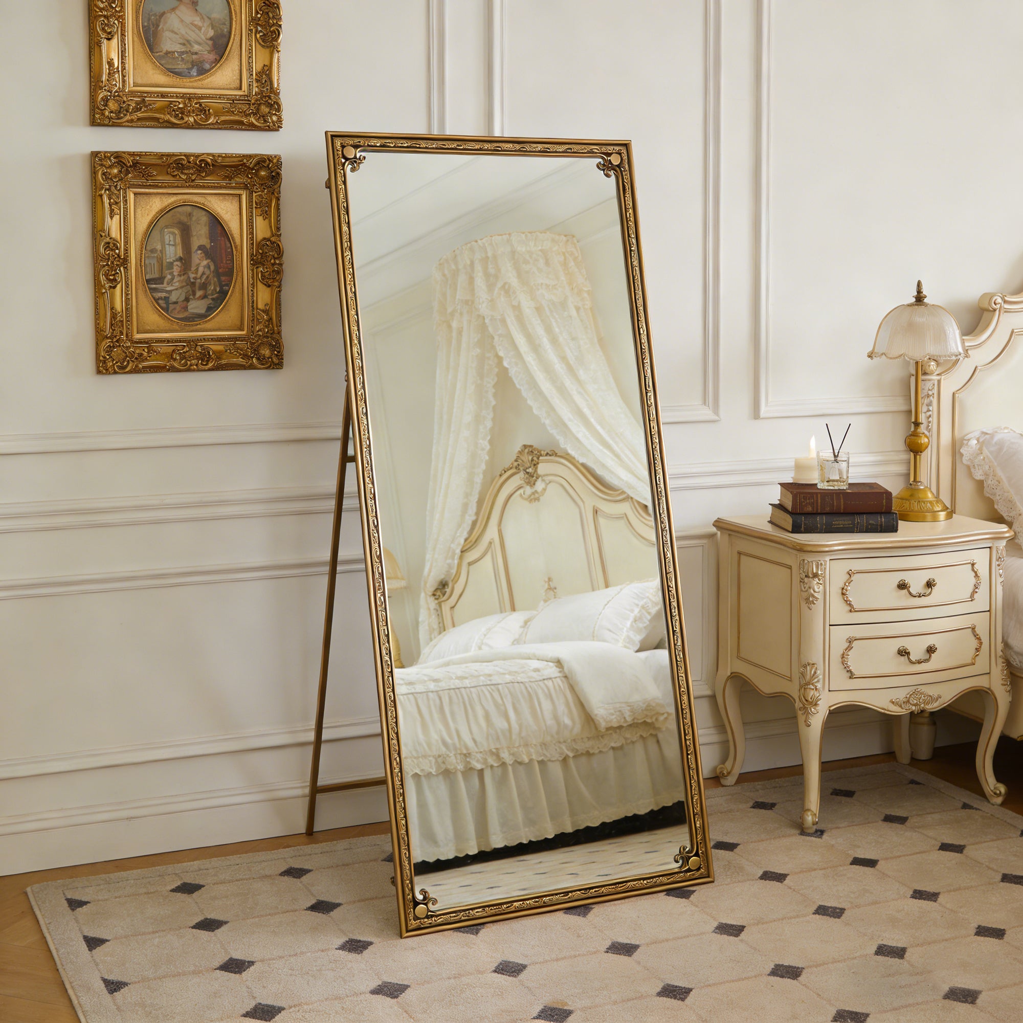 70.1 in. x 31.9 in. Antique Gold Full Length Floor Mirror with Stand, Arched Beaded Metal Frame Dressing Mirror for Freestanding, Wall Mount & Leaning