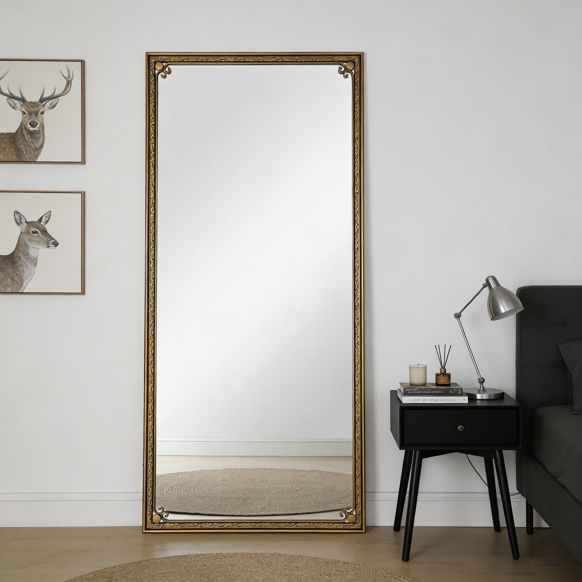 70.1 in. x 31.9 in. Antique Gold Full Length Floor Mirror with Stand, Arched Beaded Metal Frame Dressing Mirror for Freestanding, Wall Mount & Leaning
