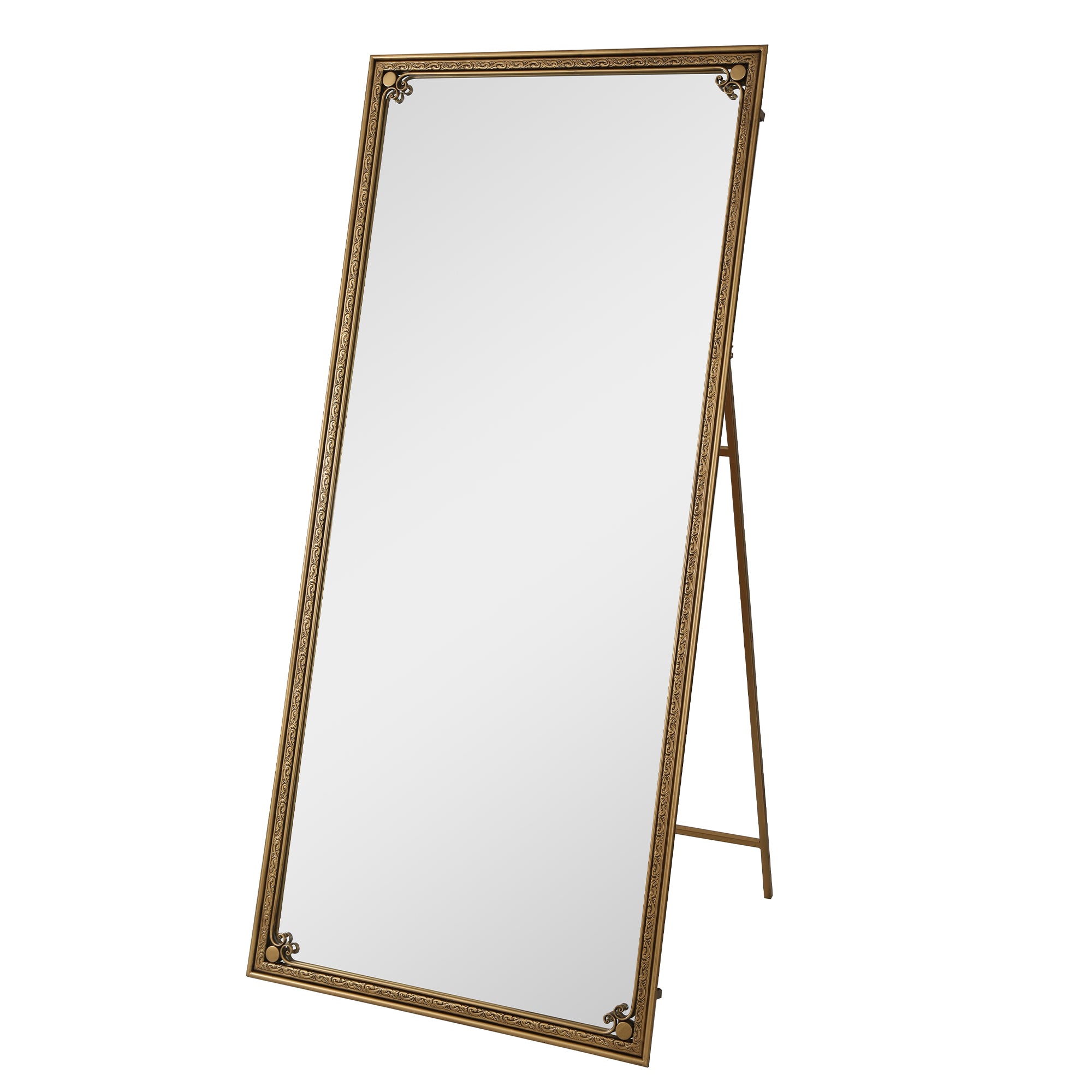 70.1 in. x 31.9 in. Antique Gold Full Length Floor Mirror with Stand, Arched Beaded Metal Frame Dressing Mirror for Freestanding, Wall Mount & Leaning