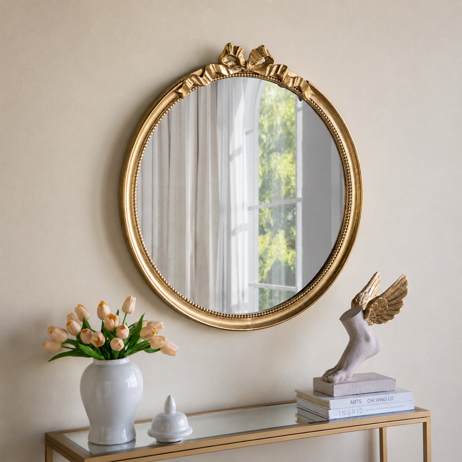 30 in. x 32.1 in. Gold Baroque Round Wall Mirror, Decorative MDF & Resin Frame Accent Mirror with Ornate Scrollwork Crown