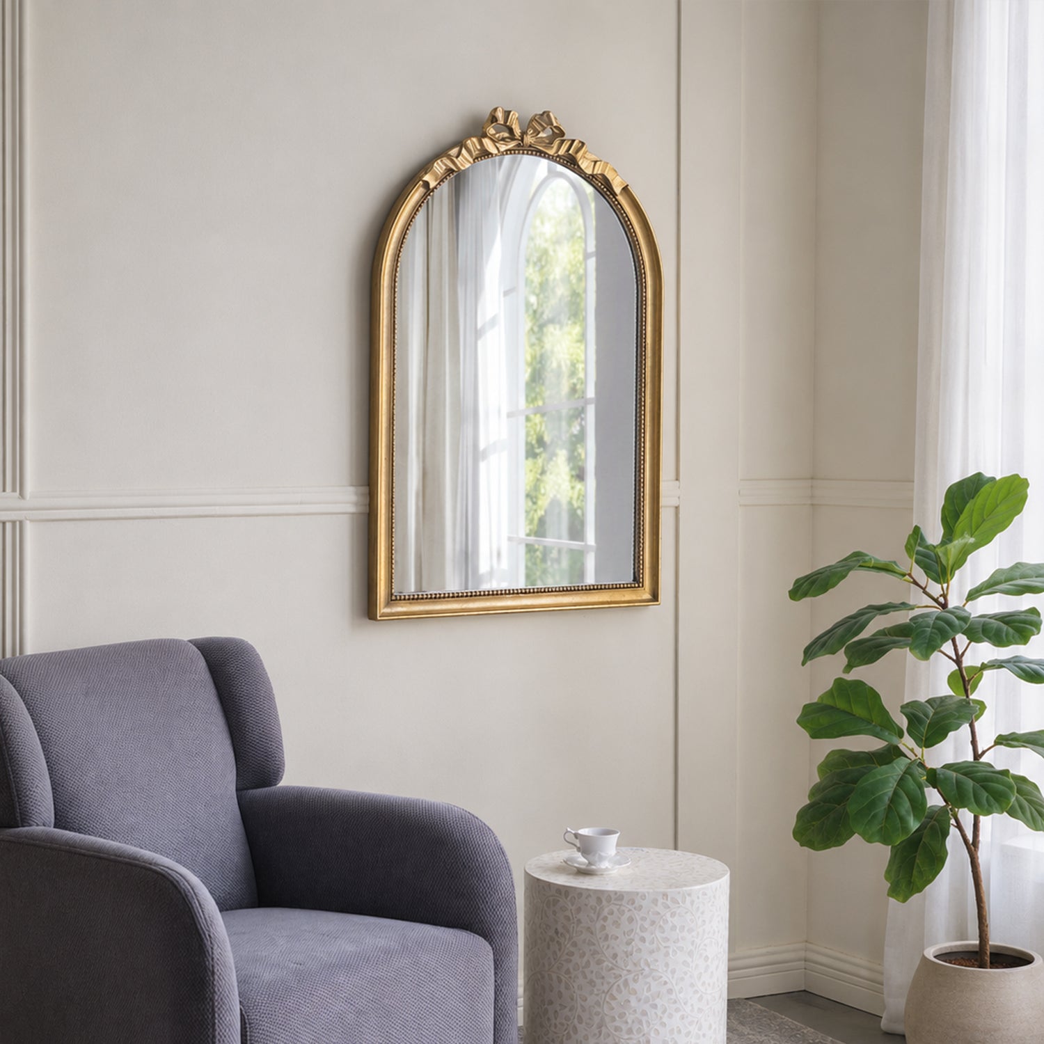 23.6 in. x 37.3 in. Gold Baroque Arched Wall Mirror, Ornate Scrollwork Crown Decorative Accent Mirror for Living Room, Bedroom & Entryway