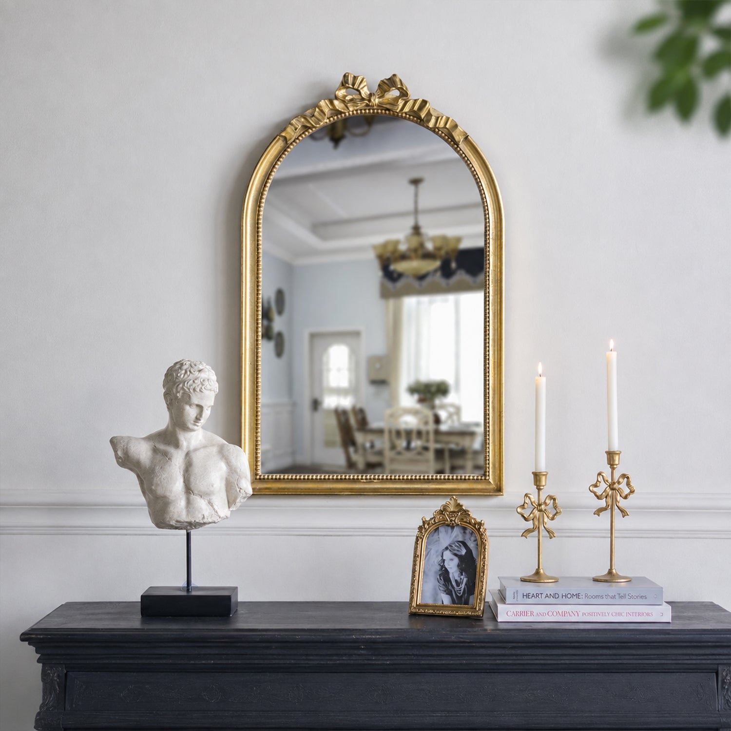 23.6 in. x 37.3 in. Gold Baroque Arched Wall Mirror, Ornate Scrollwork Crown Decorative Accent Mirror for Living Room, Bedroom & Entryway