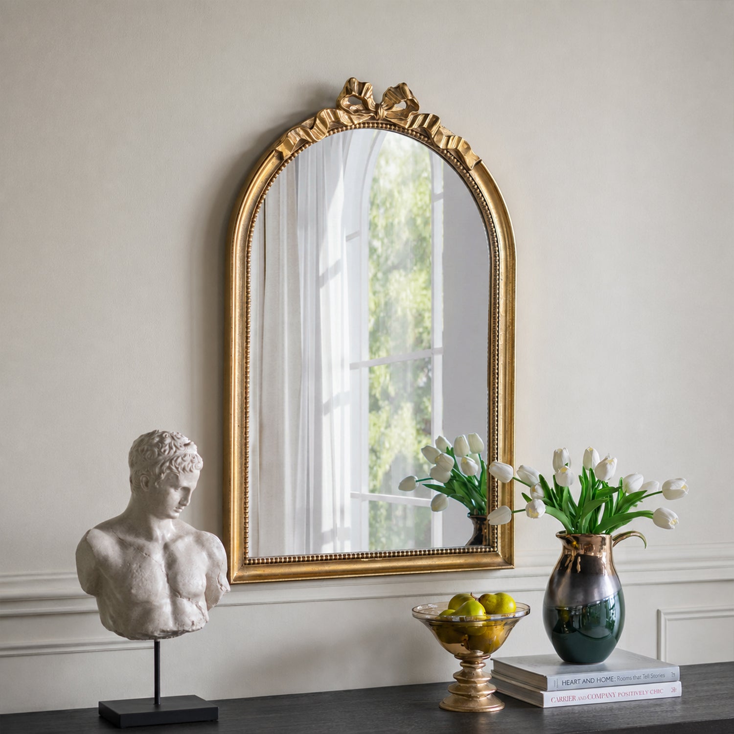 23.6 in. x 37.3 in. Gold Baroque Arched Wall Mirror, Ornate Scrollwork Crown Decorative Accent Mirror for Living Room, Bedroom & Entryway