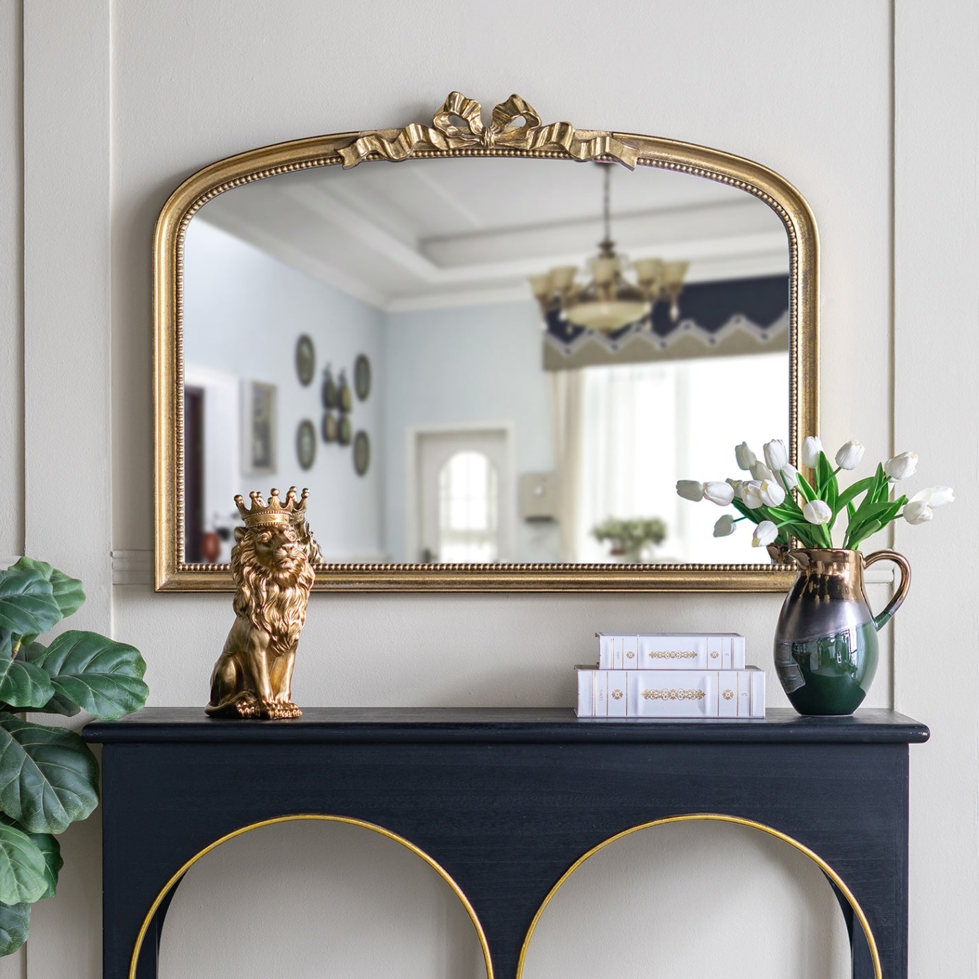 40.2 in. x 29.9 in. Gold Baroque Arched Wall Mirror, Ornate Scrollwork Crown Decorative Accent Mirror for Living Room, Bedroom & Entryway
