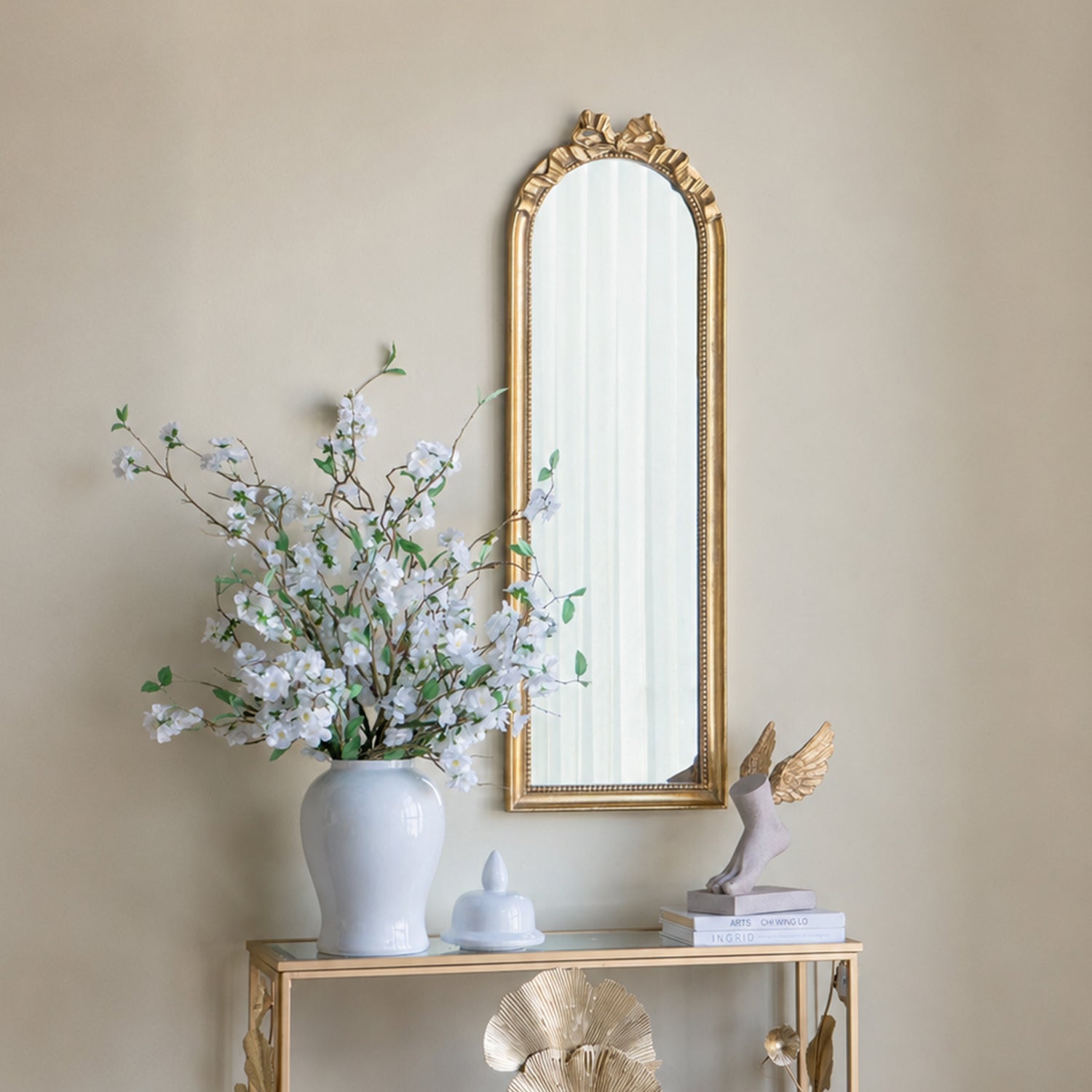15.8 in. x 48.8 in. Gold Baroque Arched Full Length Wall Mirror, Ornate Scrollwork Crown Decorative Dressing Mirror