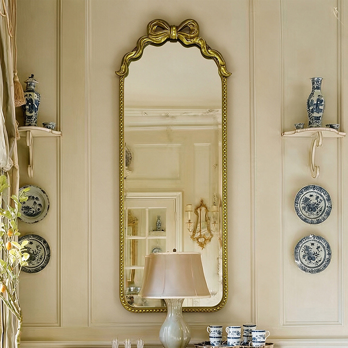 61.81 in. x 23.62 in. Antique Gold Ornate Full Length Wall Mirror, Vintage Bow Iron Frame HD Dressing Mirror for Bedroom & Entryway
