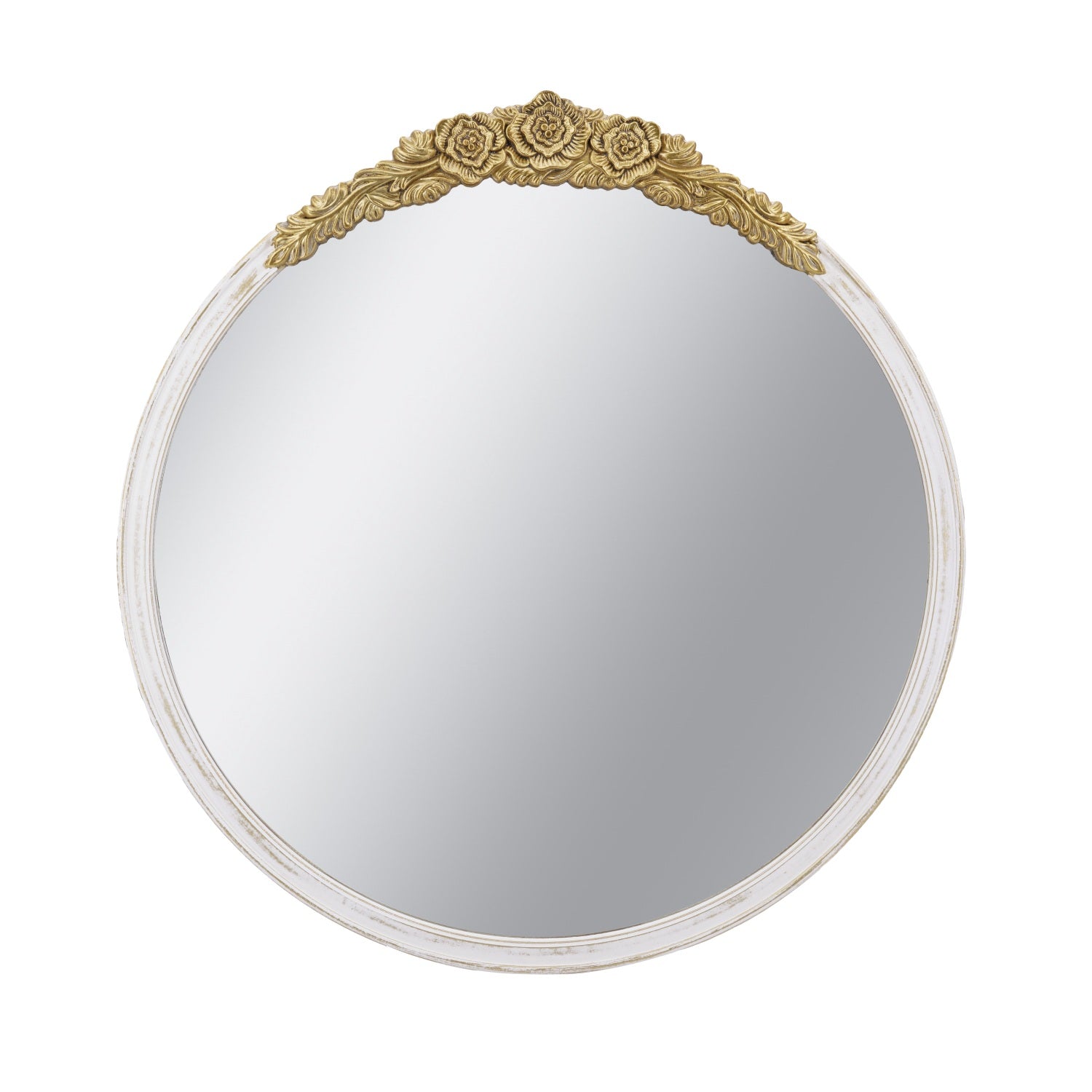 29.9 in. x 31.1 in. Distressed White & Gold Ornate Round Wall Mirror, Floral Crest MDF Frame Decorative Mirror for Living Room, Bedroom & Entryway