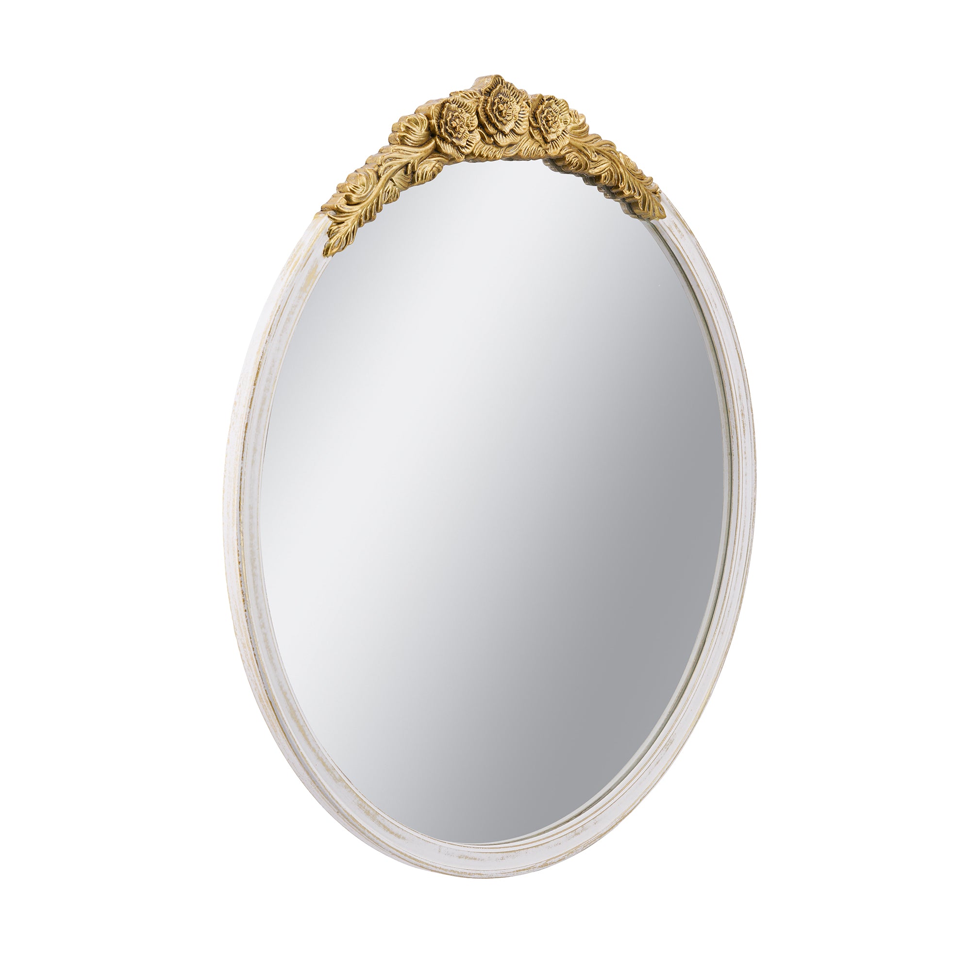 29.9 in. x 31.1 in. Distressed White & Gold Ornate Round Wall Mirror, Floral Crest MDF Frame Decorative Mirror for Living Room, Bedroom & Entryway