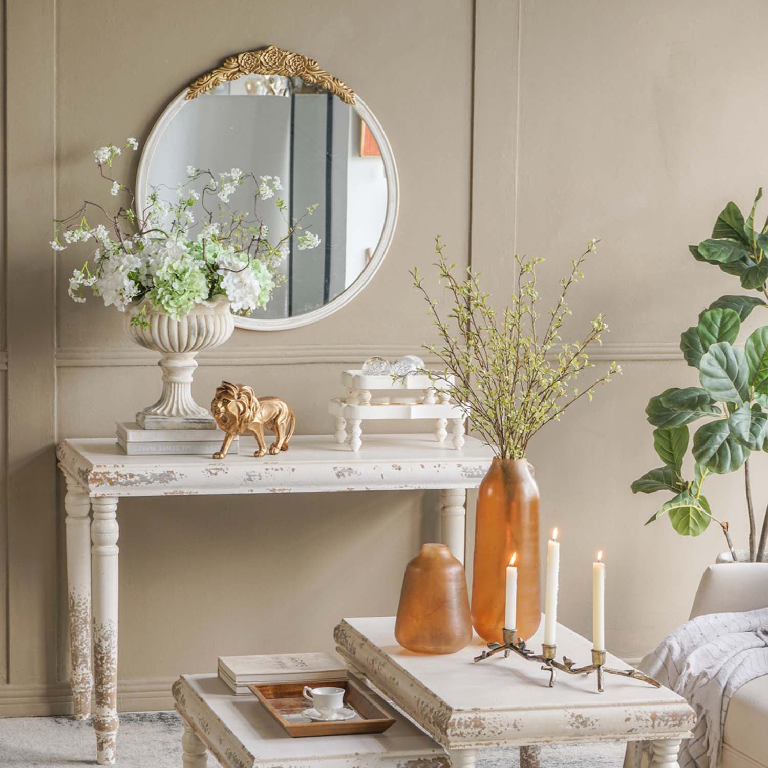 29.9 in. x 31.1 in. Distressed White & Gold Ornate Round Wall Mirror, Floral Crest MDF Frame Decorative Mirror for Living Room, Bedroom & Entryway