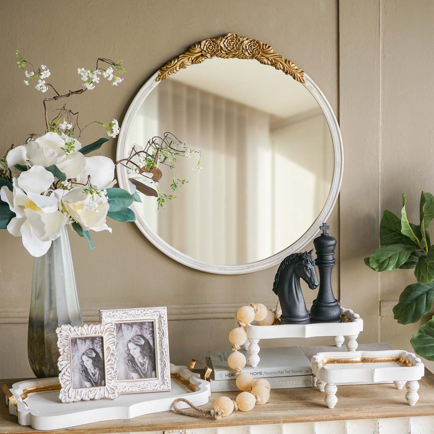 29.9 in. x 31.1 in. Distressed White & Gold Ornate Round Wall Mirror, Floral Crest MDF Frame Decorative Mirror for Living Room, Bedroom & Entryway