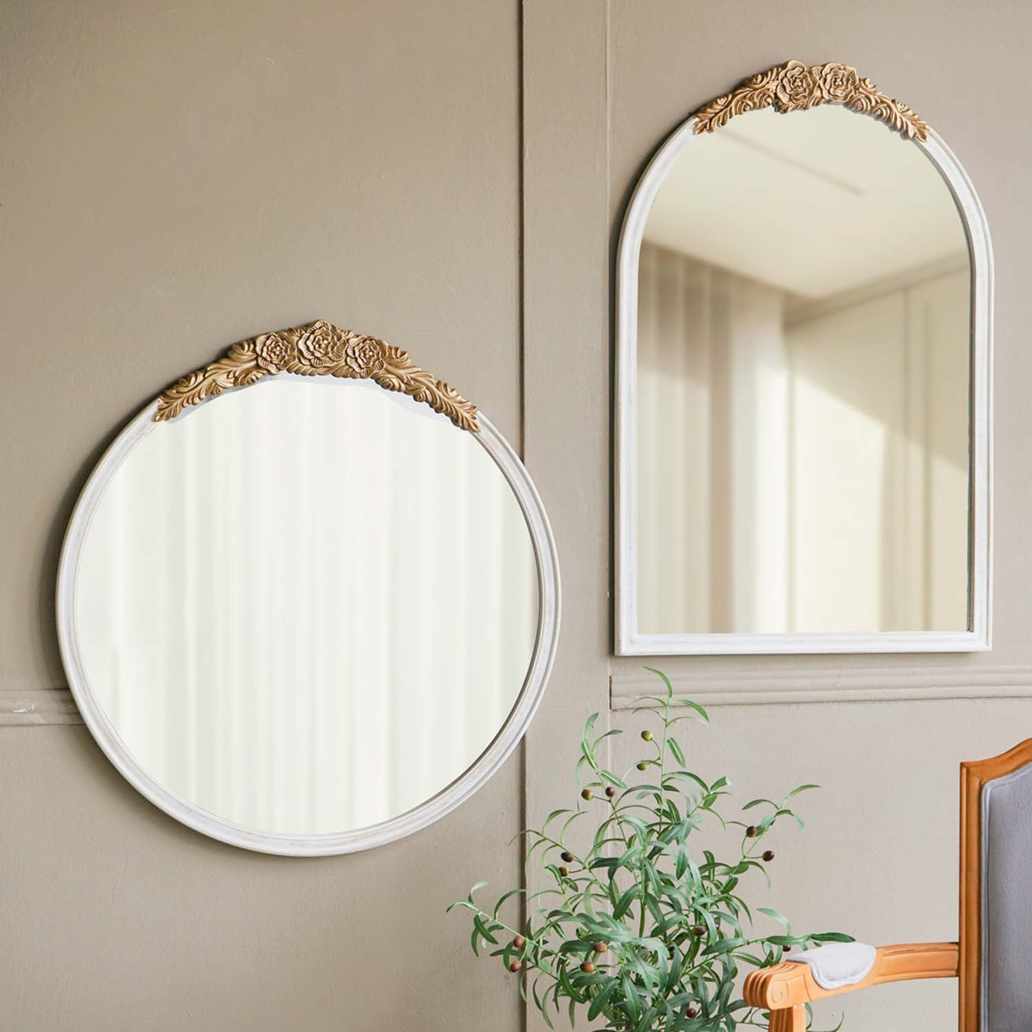 29.9 in. x 31.1 in. Distressed White & Gold Ornate Round Wall Mirror, Floral Crest MDF Frame Decorative Mirror for Living Room, Bedroom & Entryway
