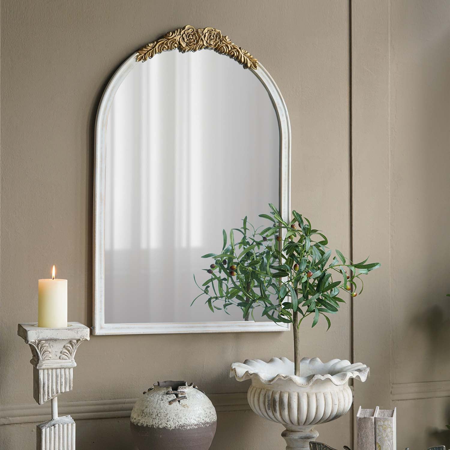 23.8 in. x 35.9 in. Distressed Antique White & Gold Arched Wall Mirror, Ornate Floral Crest MDF Frame Decorative Mirror for Bedroom, Living Room & Entryway