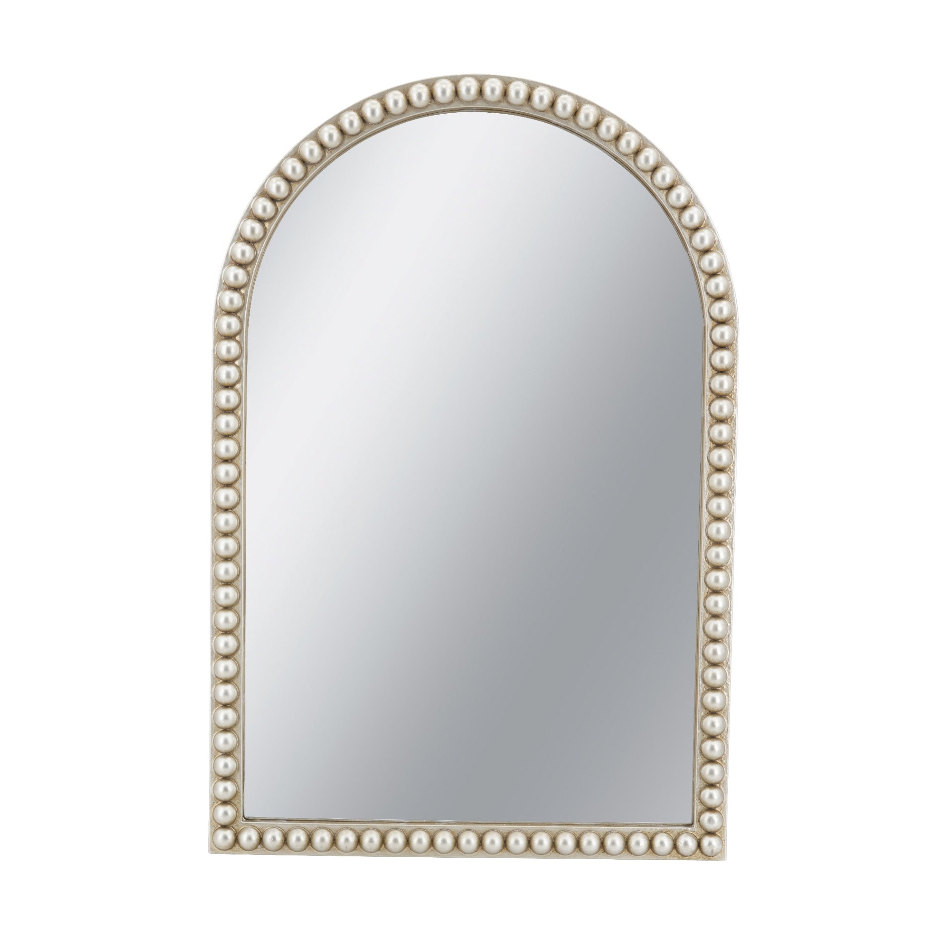 Champagne Gold Arched Wall Mirror with Pearl Beaded Trim, Cathedral-Style MDF Frame Decorative Mirror for Living Room, Bedroom & Entryway