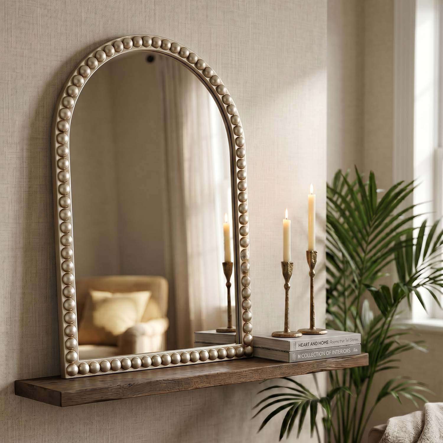 Champagne Gold Arched Wall Mirror with Pearl Beaded Trim, Cathedral-Style MDF Frame Decorative Mirror for Living Room, Bedroom & Entryway