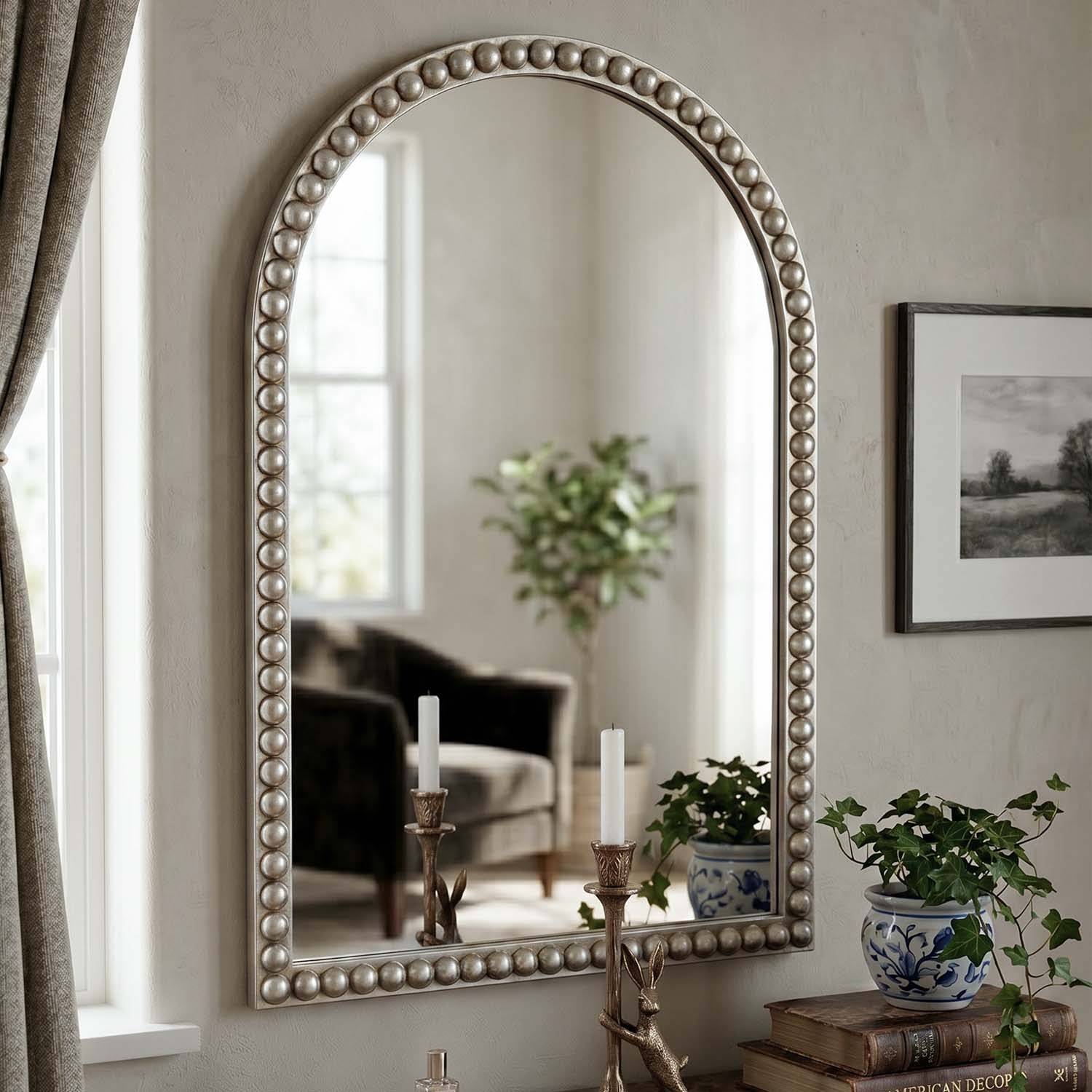 Champagne Gold Arched Wall Mirror with Pearl Beaded Trim, Cathedral-Style MDF Frame Decorative Mirror for Living Room, Bedroom & Entryway