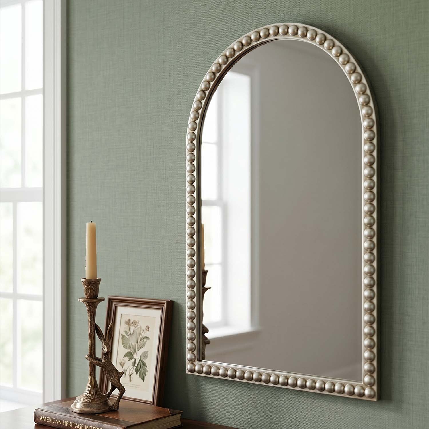 Champagne Gold Arched Wall Mirror with Pearl Beaded Trim, Cathedral-Style MDF Frame Decorative Mirror for Living Room, Bedroom & Entryway