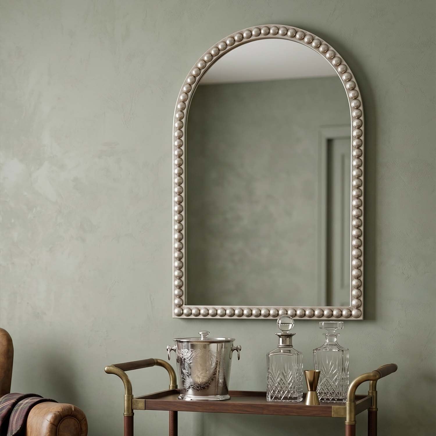 Champagne Gold Arched Wall Mirror with Pearl Beaded Trim, Cathedral-Style MDF Frame Decorative Mirror for Living Room, Bedroom & Entryway