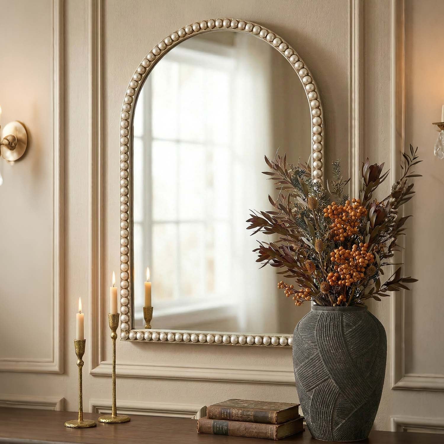 Champagne Gold Arched Wall Mirror with Pearl Beaded Trim, Cathedral-Style MDF Frame Decorative Mirror for Living Room, Bedroom & Entryway