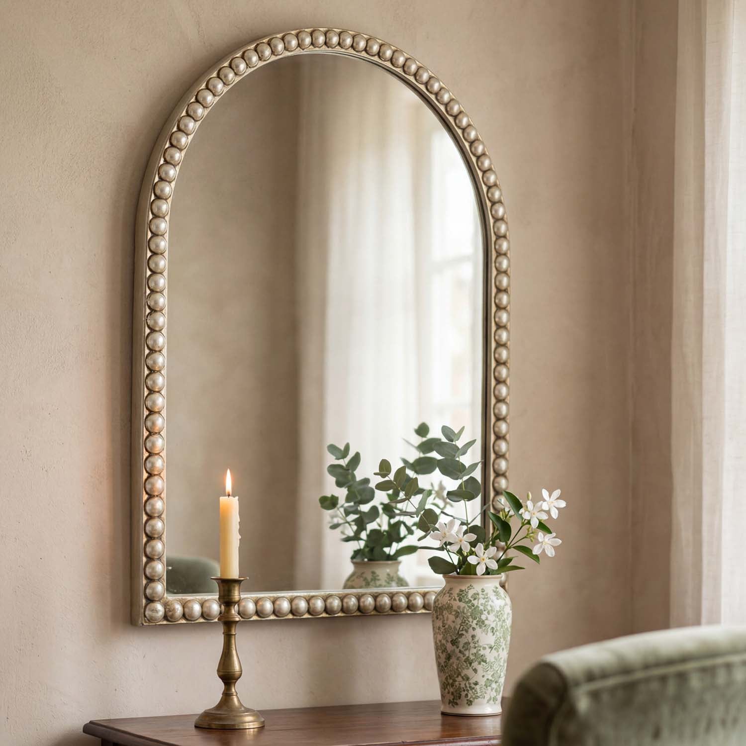 Champagne Gold Arched Wall Mirror with Pearl Beaded Trim, Cathedral-Style MDF Frame Decorative Mirror for Living Room, Bedroom & Entryway
