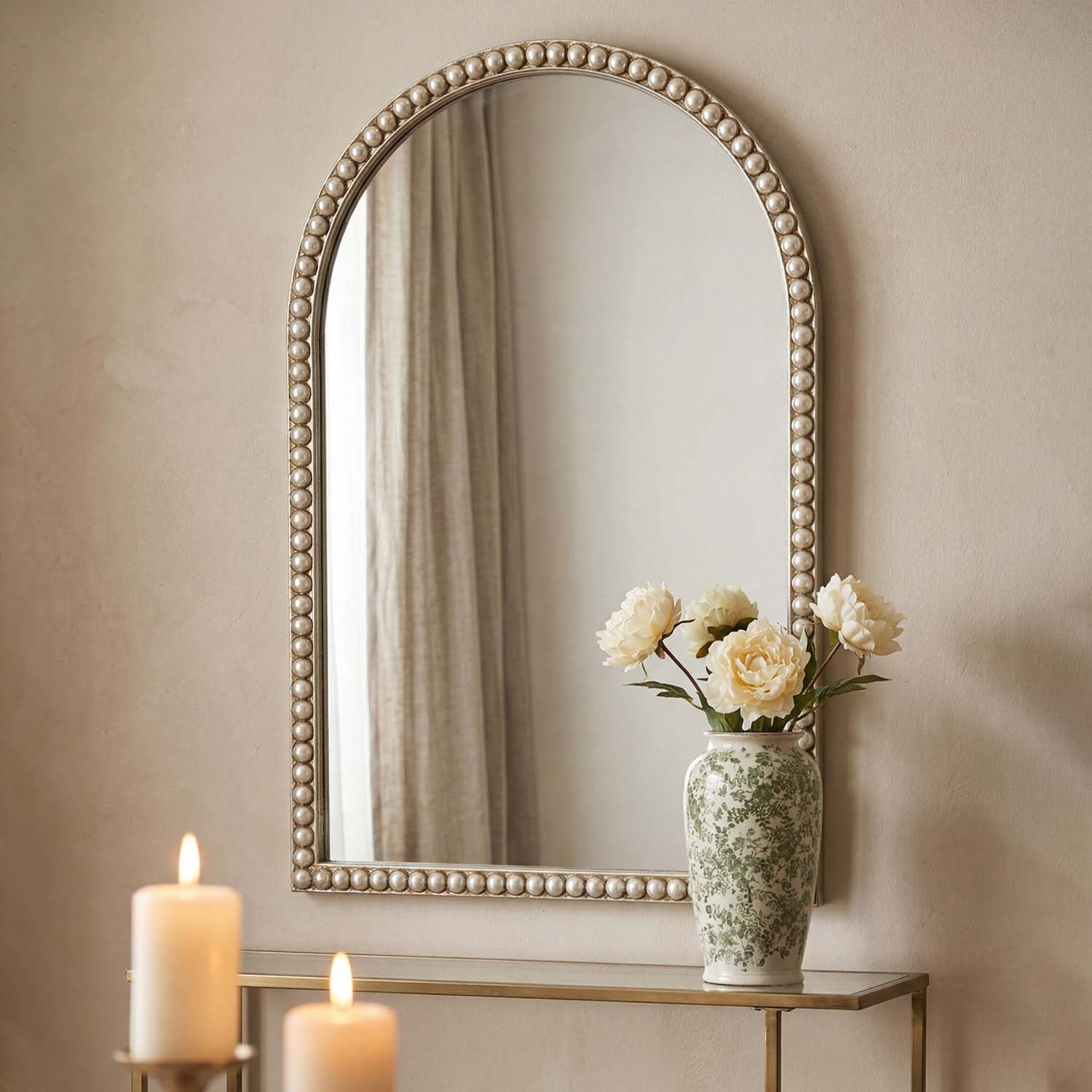 Champagne Gold Arched Wall Mirror with Pearl Beaded Trim, Cathedral-Style MDF Frame Decorative Mirror for Living Room, Bedroom & Entryway